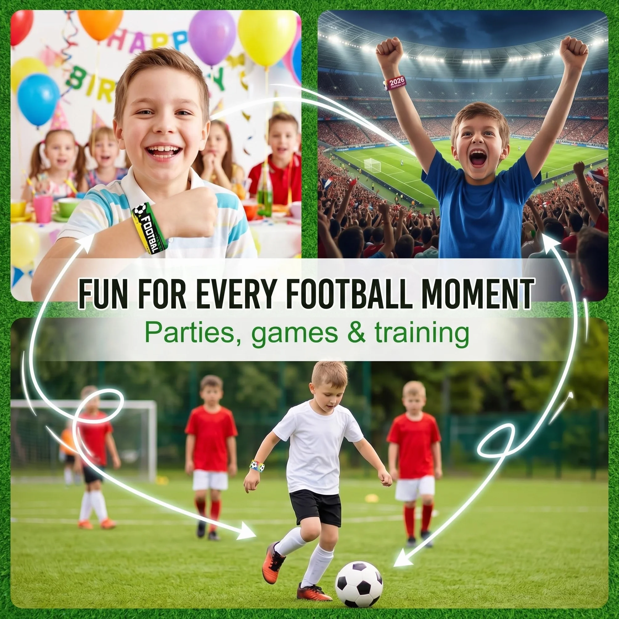 Bracelets Claquants Football pour Enfants, 20 Pièces PVC, 12 Designs Assortis 22x3cm