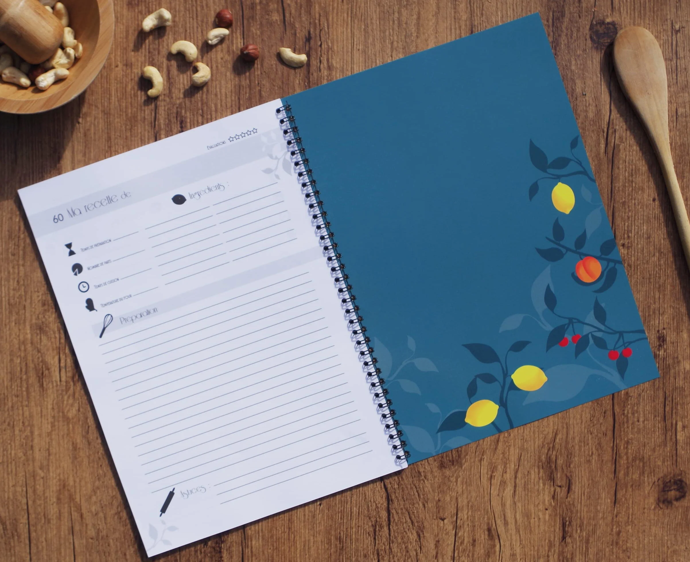 Cahier de Recettes Salées et Sucrées A4 Spirale, 60 Fiches Vierges
