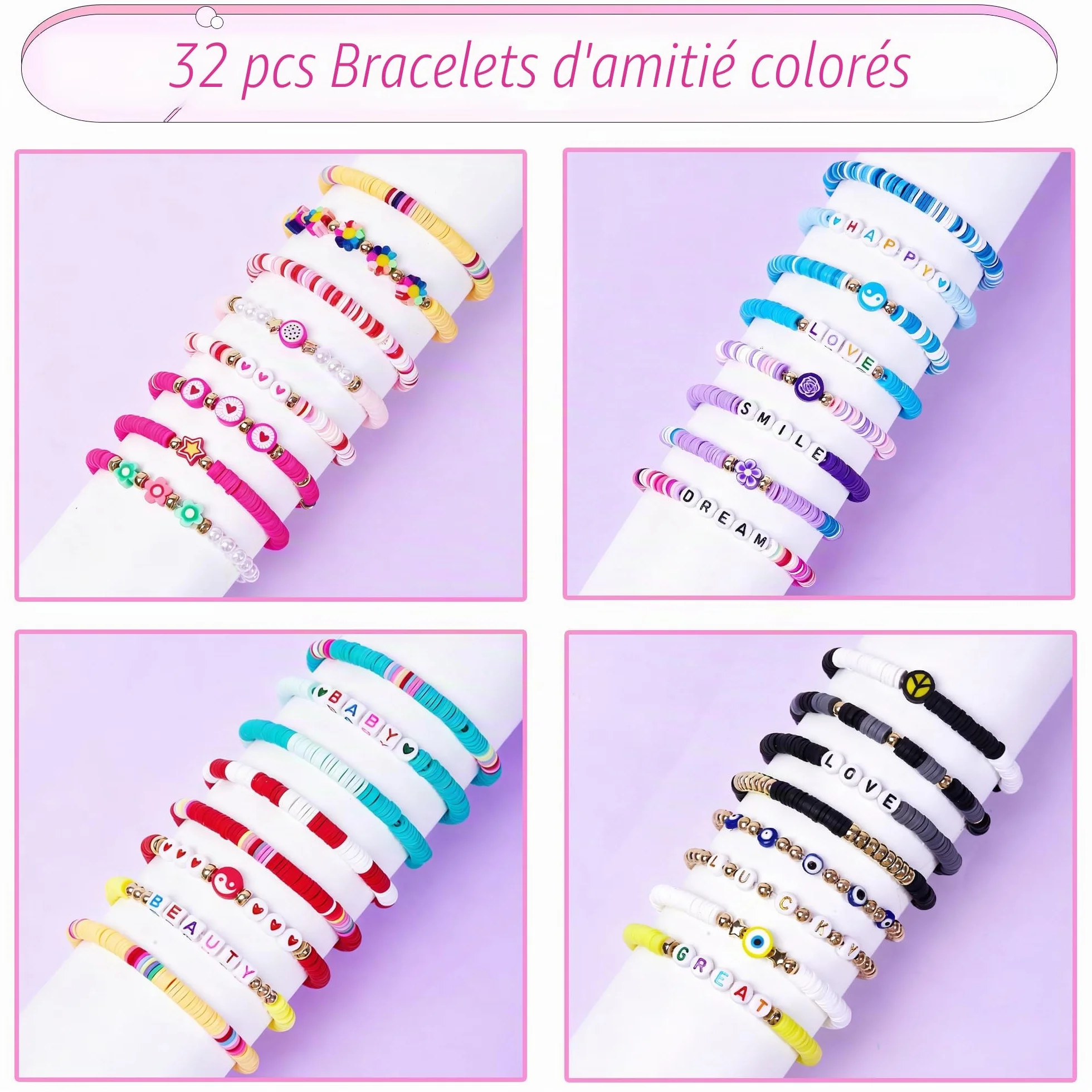 Lot de 32 Bracelets Colorés Preppy Cadeau Anniversaire Enfants Adolescents