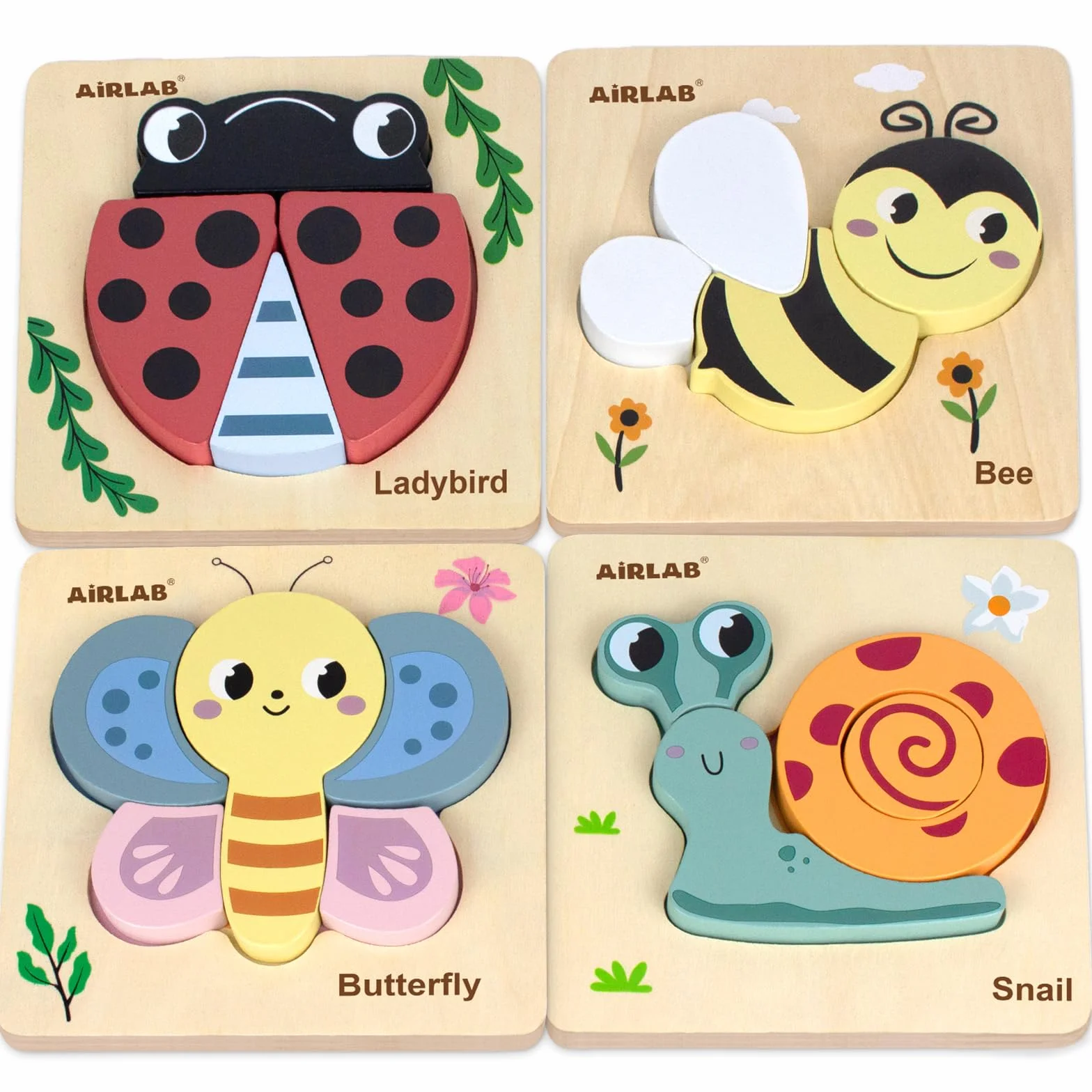 Airlab Puzzles Bois Bébé 1-4 Ans, Casse-têtes Jardin 3D avec Cadre et Sac, Jouet Éducatif Montessori