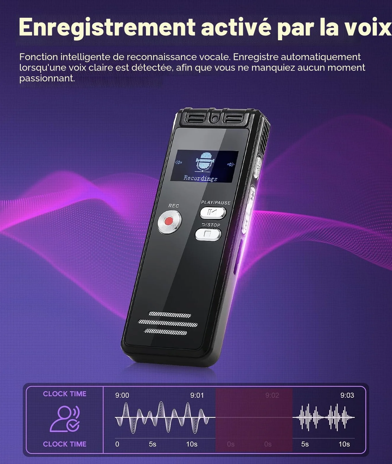 Enregistreur Vocal 64 Go 1536 Kbps avec Réduction du Bruit pour Interviews Classes Réunions