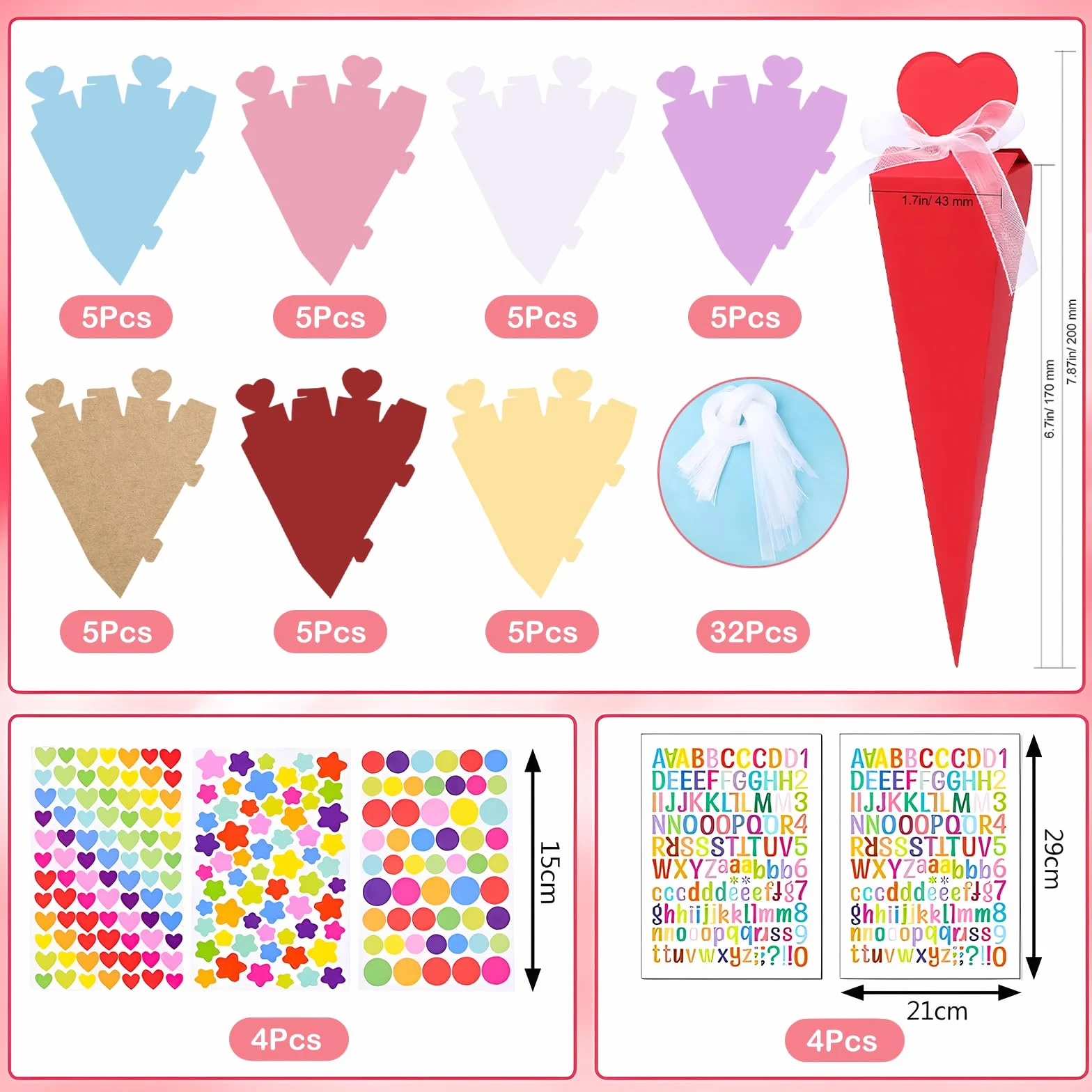 Cornet de Bonbons Forme Cônes Sac Cadeau 35 Pièces avec 16 Autocollants