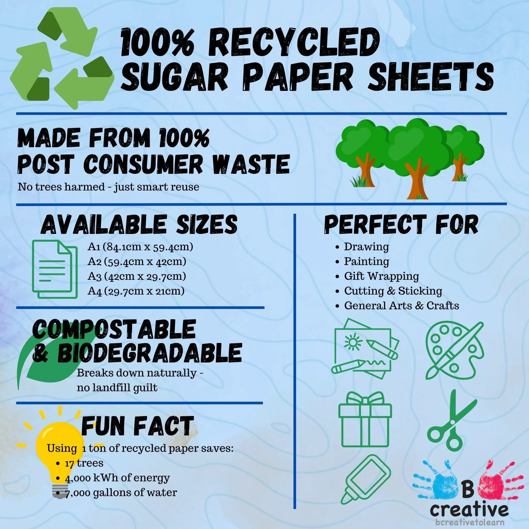 Papier à sucre recyclé A2 Couleurs vives 60 x 42 cm Lot de 20 feuilles pour loisirs créatifs