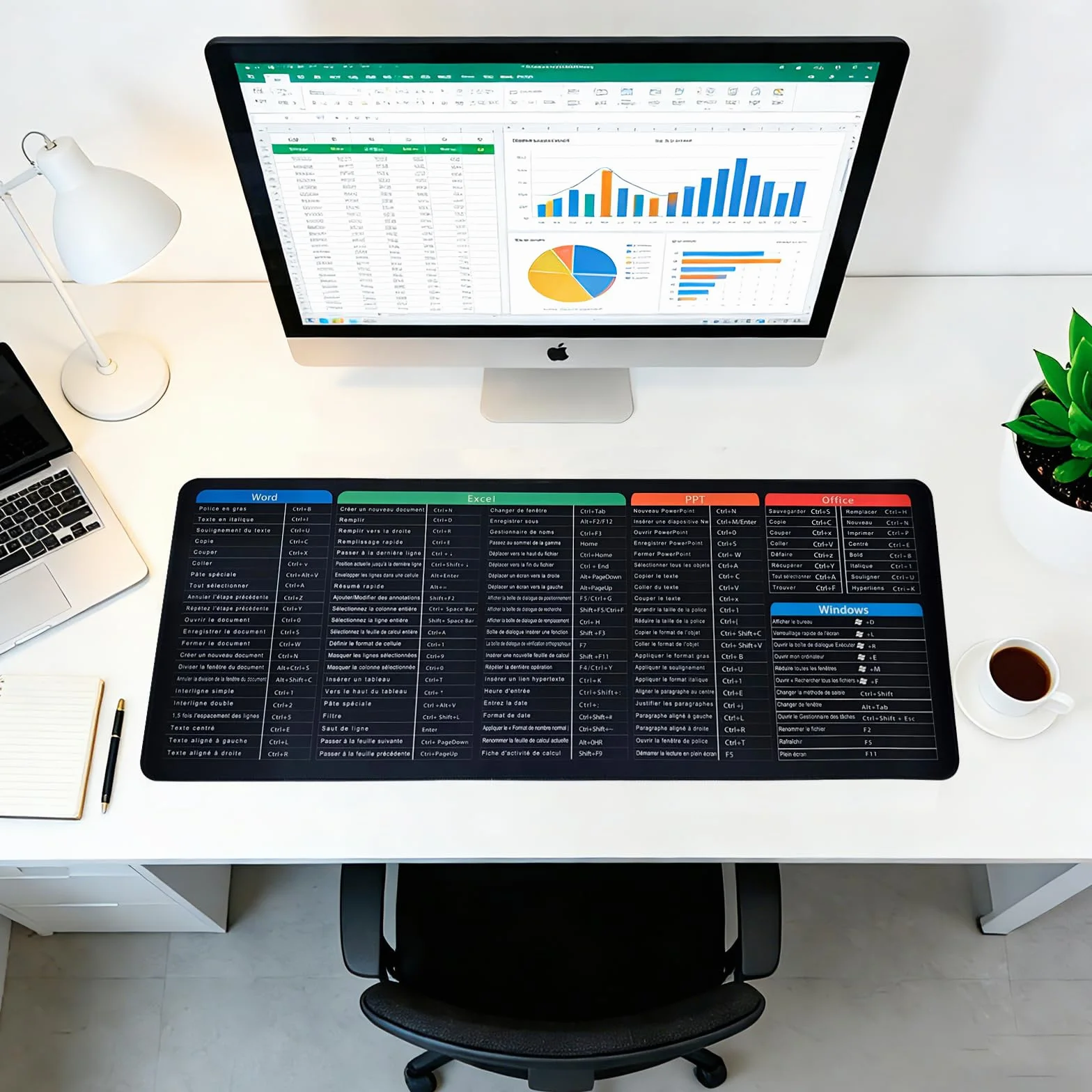 Tapis de Souris Raccourcis Excel 800x300 mm, Tapis de Bureau Étendu Formules et Raccourcis Clavier