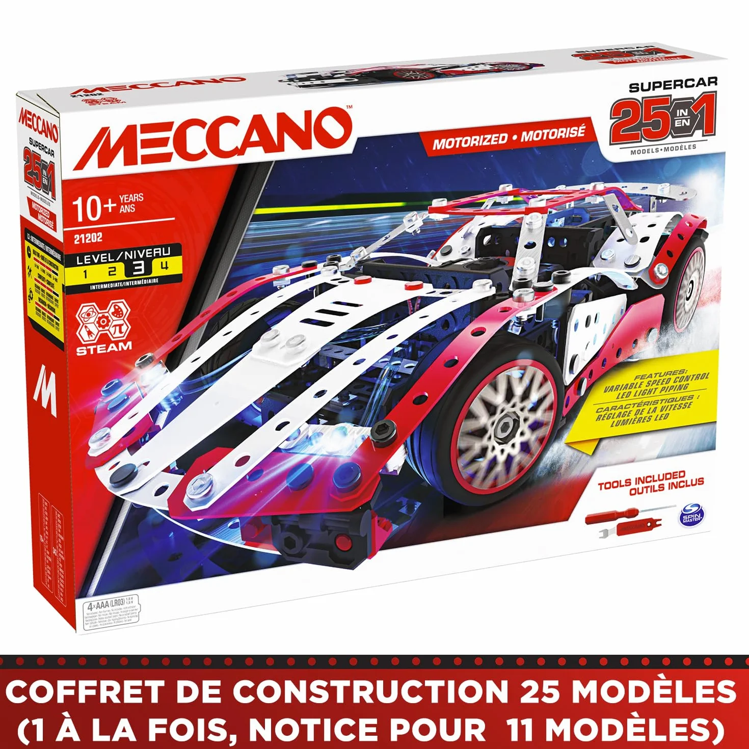 Bandai Meccano Supercar 25 en 1 Coffret de Construction 347 pièces Moteur 6V LED
