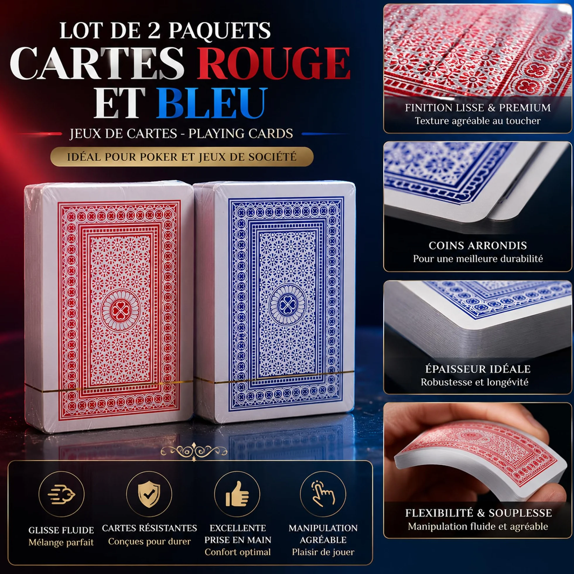 Jeux de Cartes Rouge et Bleu Lot de 2 - Cartes à Jouer pour Poker et Jeux de Société