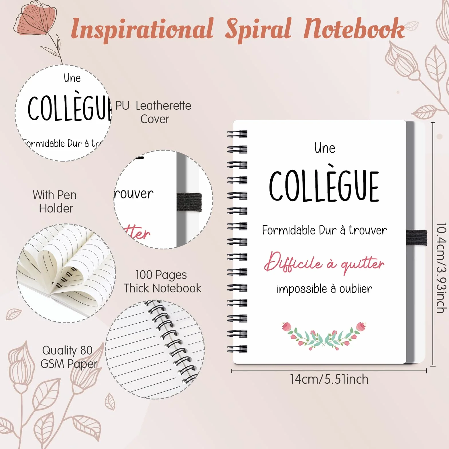 Hestya Set Cadeau Départ Collègue Femme 4 Pièces Pochette Maquillage Carnet Spirale Porte-Clés Stylo Bille