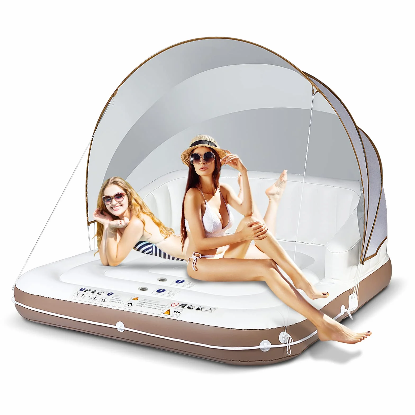KOMFOTTEU Matelas Gonflable Lounge avec Auvent Rétractable 200KG Flotteur Piscine 2 Places UPF50+ Île Flottante 180x180x160CM