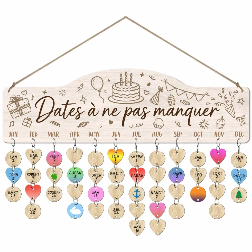 Arricraft Calendrier de rappel d'anniversaire en bois 40x12cm gâteau scintilles étoile avec 100 étiquettes