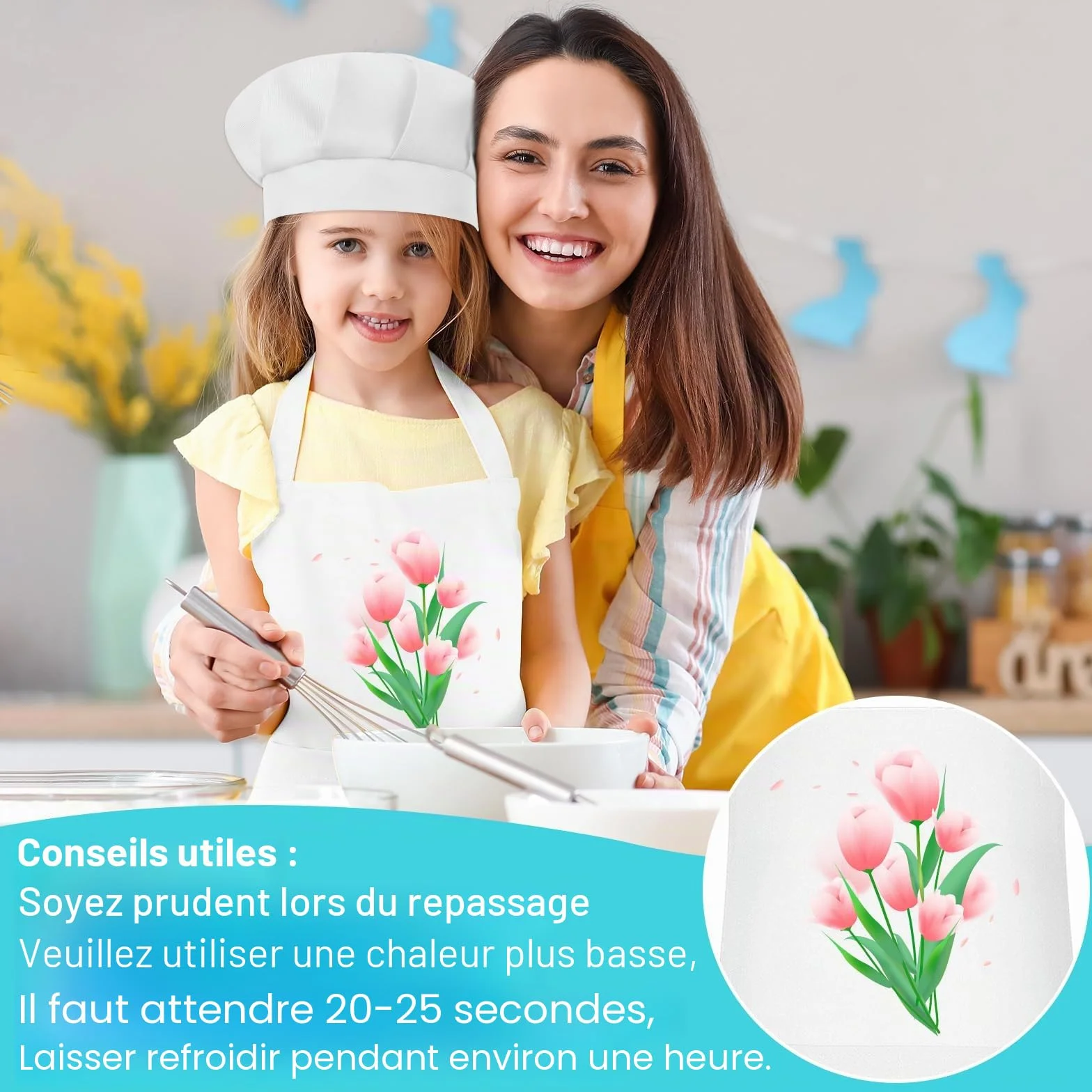 Ensemble tablier et toque de chef pour enfants - Tablier réglable avec 2 poches - Cuisine et pâtisserie