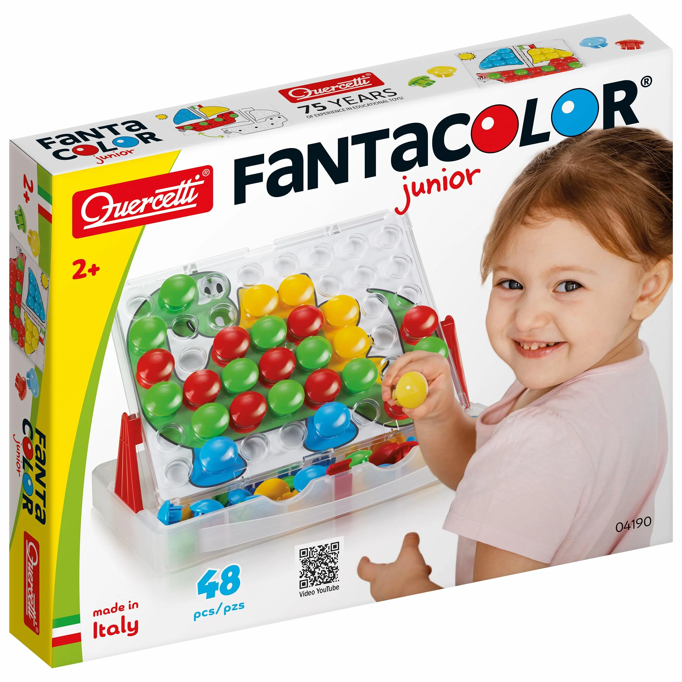 Quercetti Fantacolor Junior 48 Mosaique Enfant 3D à Gros Boutons, Valisette Portable, Jeu 3 Ans