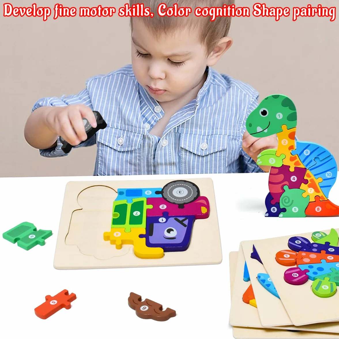 Puzzles en bois Montessori pour enfants 2-4 ans, 4 pièces, cadeau garçons filles dinosaure bateau