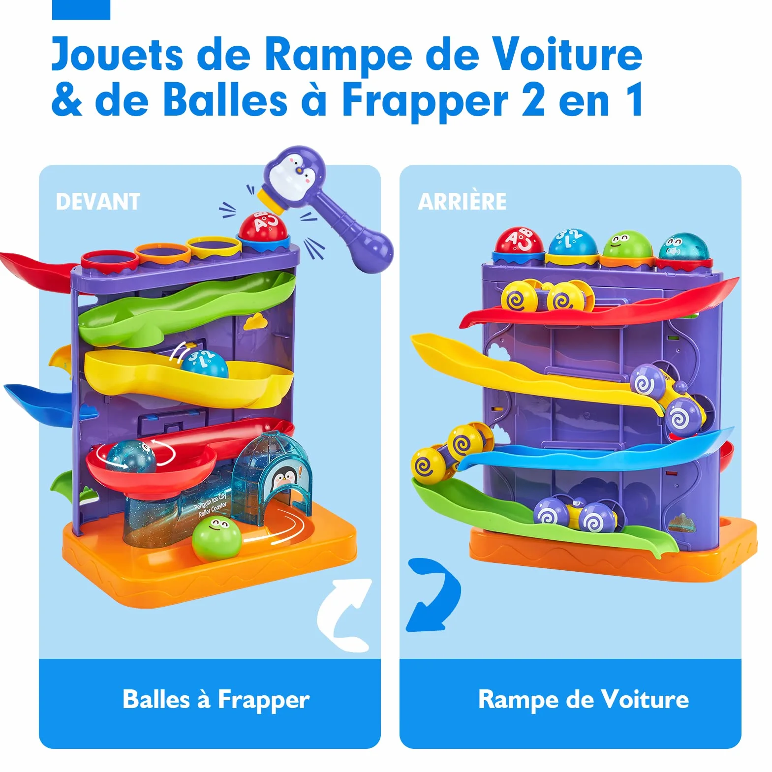 Jouet Bebe 1 an 2 En 1 Circuit Voiture & Pound A Ball Jouet Enfant 1 2 Ans avec Marteau et Balle, Jouets Éveil Montessori pour Garçon Fille 1 2 3 Ans