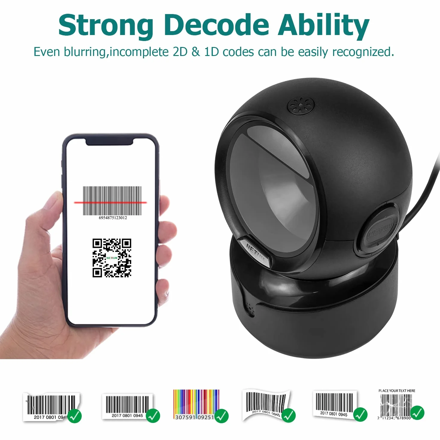 NetumScan Lecteur Code Barres USB QR 1D 2D Mains Libres Plateforme de Scan pour Écran