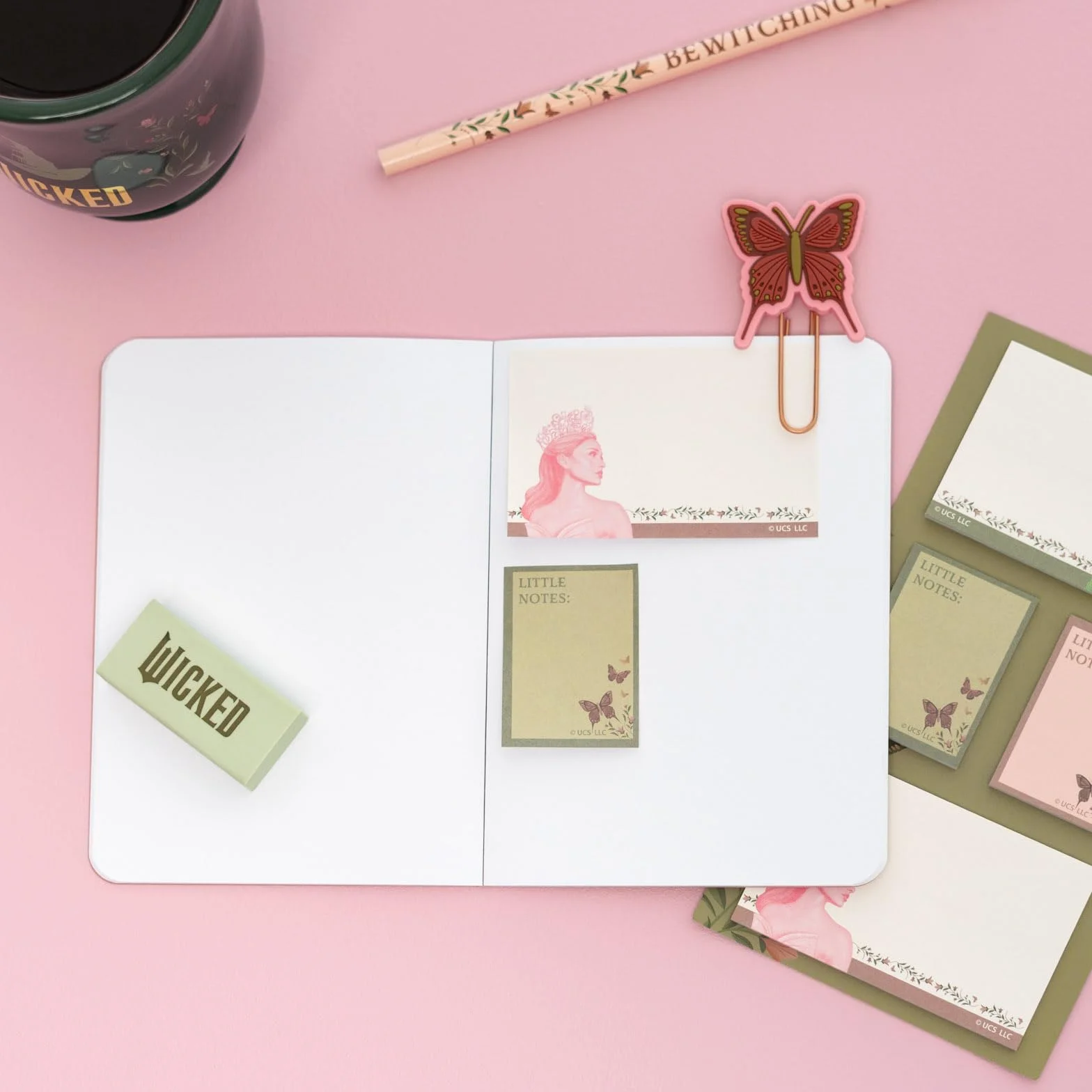 Grupo Erik Set de Papeterie Wicked Kawaii 4 Couleurs Surligneurs Crayon Trombones Carnets A6 Stickers Bloc-notes