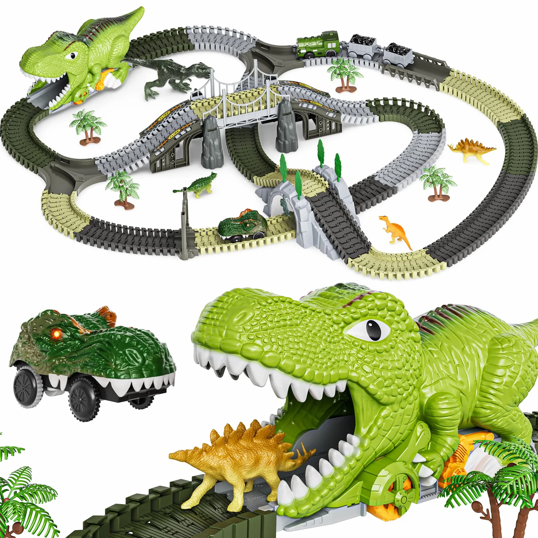 Dinosaure Jouet Piste de Course 281 Pièces Train Dinosaures Cadeau Enfants 3-6 Ans Chemins Fer Flexibles 4 Dinosaures 2 Voitures Course Électriques Lumières