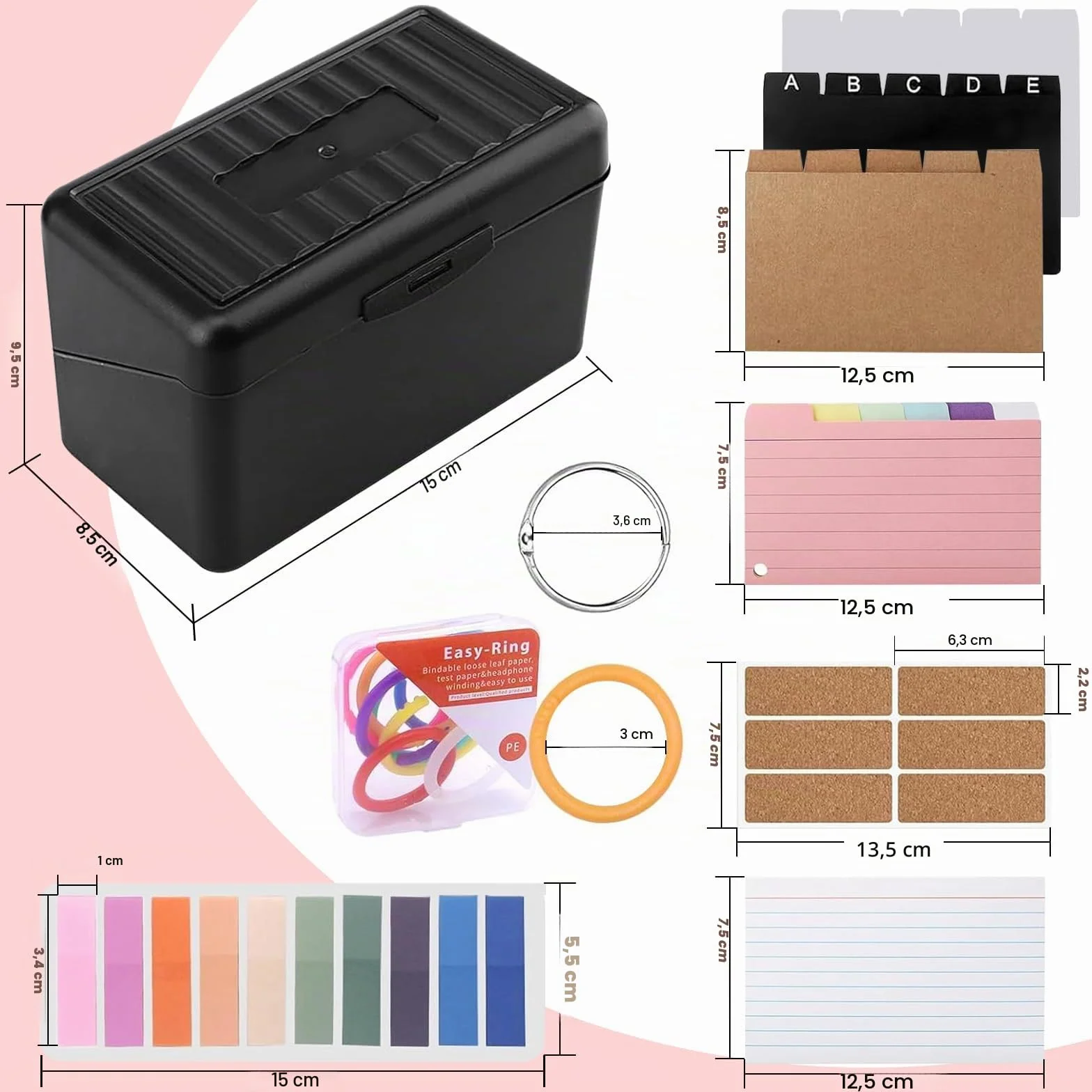 Boîte à Fiches de Rangement avec 150 Fiches Blanches, 15 Index Cards, 6 Anneaux pour l'École
