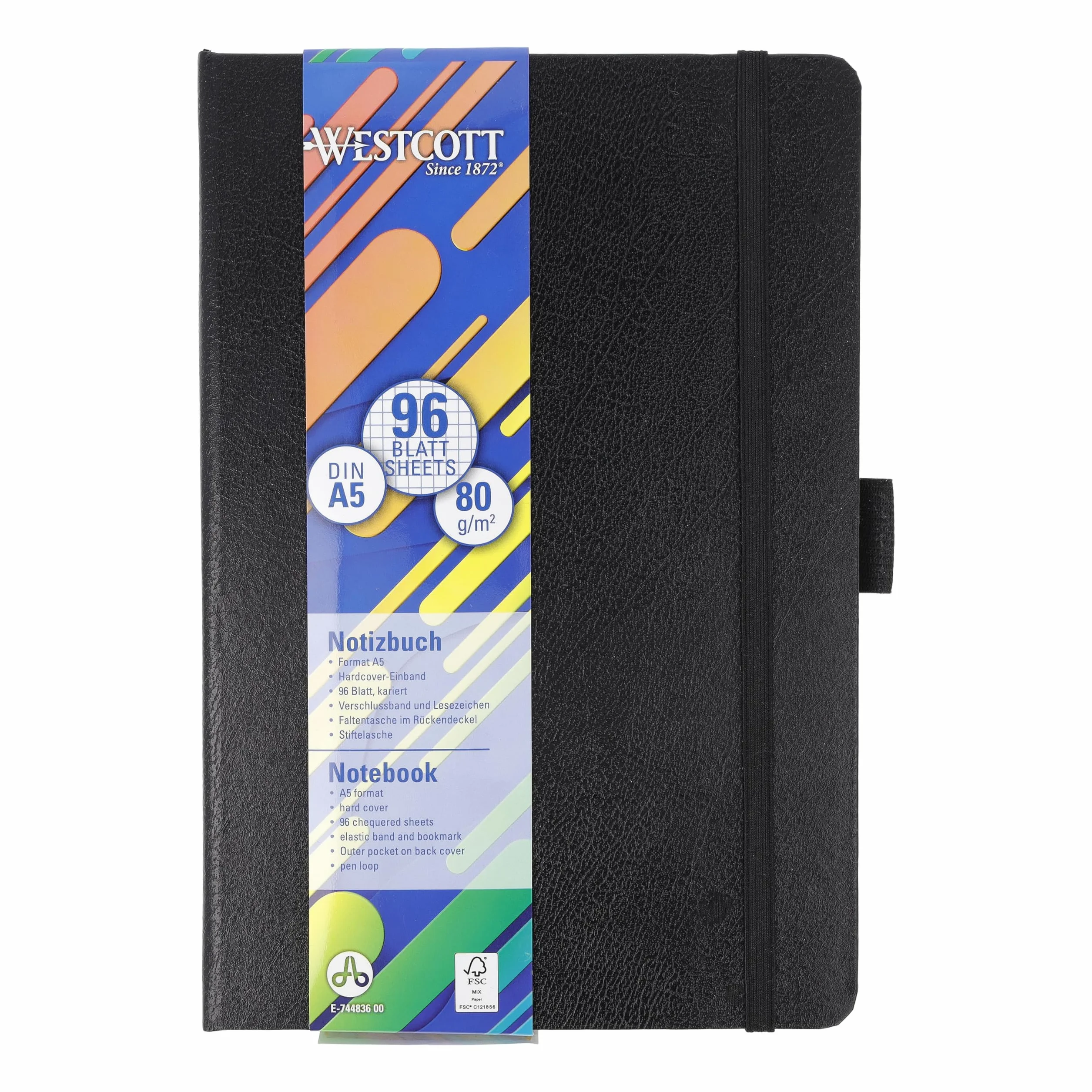 Westcott Carnet de notes DIN A5 quadrillé 192 pages 80 g/m² papier FSC-Mix avec poche intérieure marque-page porte-stylo