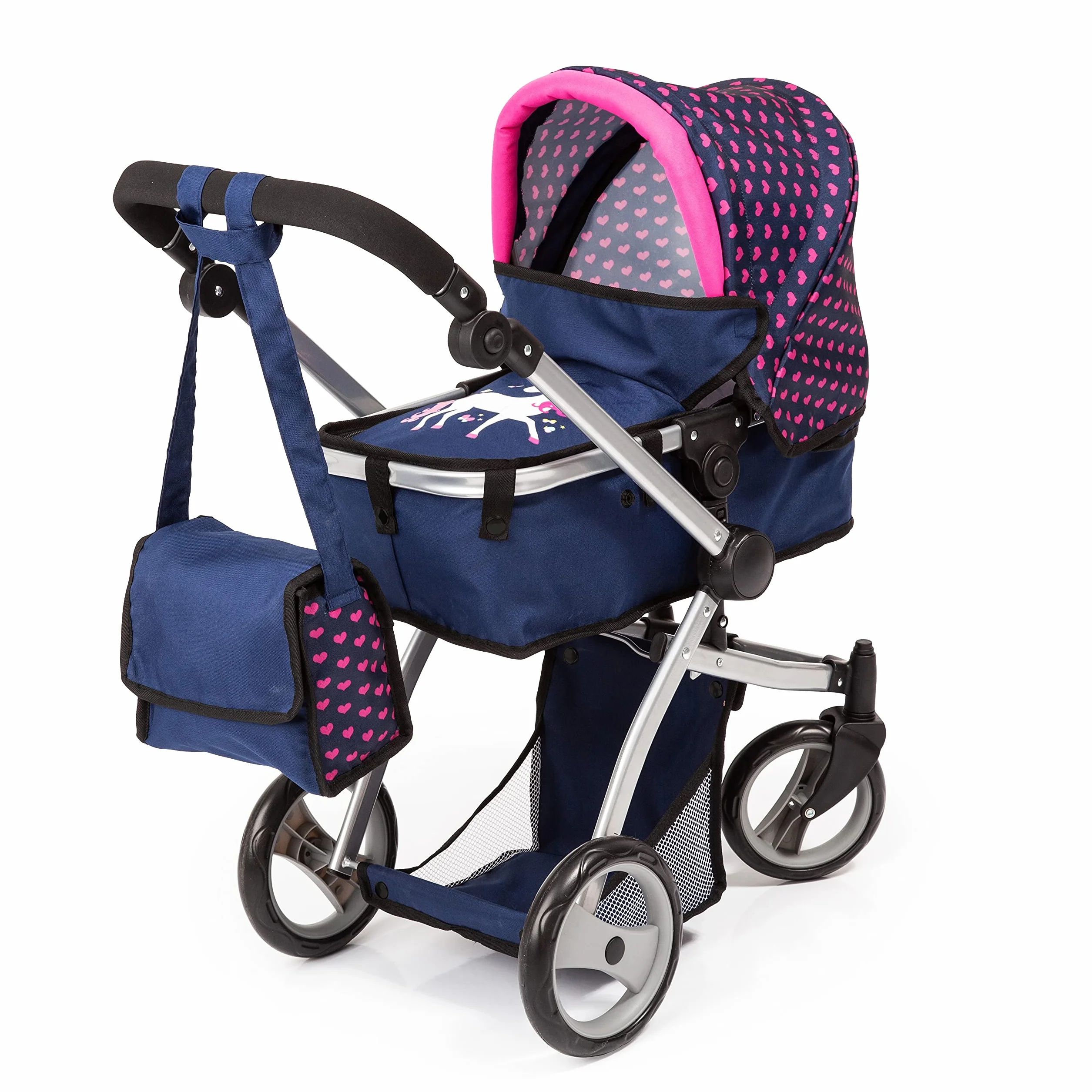 Bayer Design 18354AC Grand Ensemble de Poussette de poupée, Landau, Transformable, réglable en Hauteur, lit de Voyage, Sac à bandoulière, Accessoires, Bleu | poignée réglable en hauteur, roues avant pivotantes, panier intégré, sac à bandoulière, sac de co