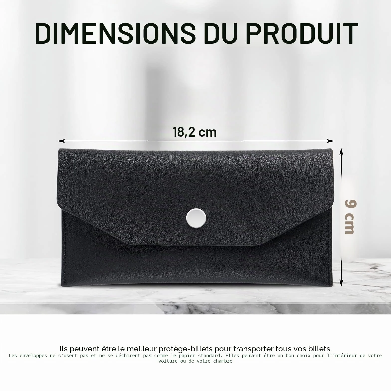 Molain Portefeuille d'enveloppe de trésorerie en cuir PU réutilisable 7,2 x 3,6 po Noir
