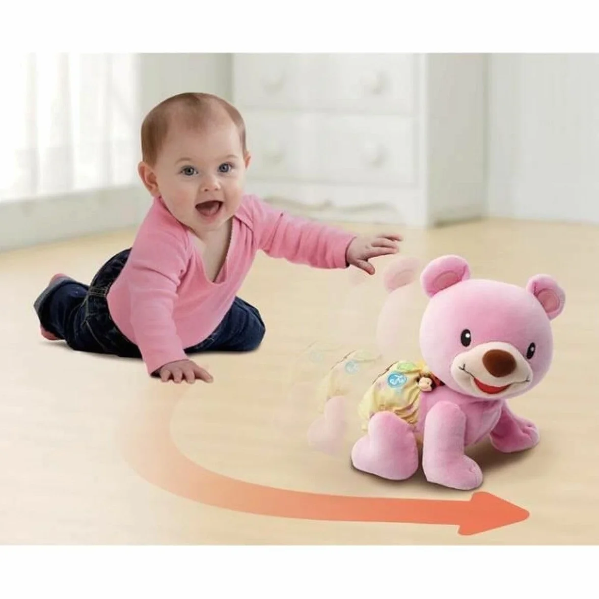 VTech Ourson 1,2,3 suis-Moi Ours Rose en Peluche Qui Marche à 4 Pattes Jouet Interactif et Musical pour Bébé Dès 9 Mois