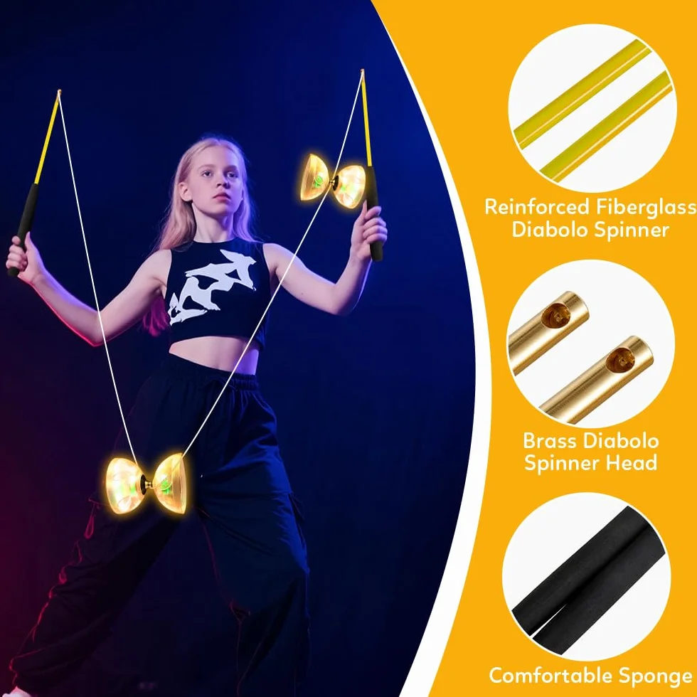 Diabolo LED roulement à billes 4,5 mm kit jonglage baguettes outil cirque roue libre jaune