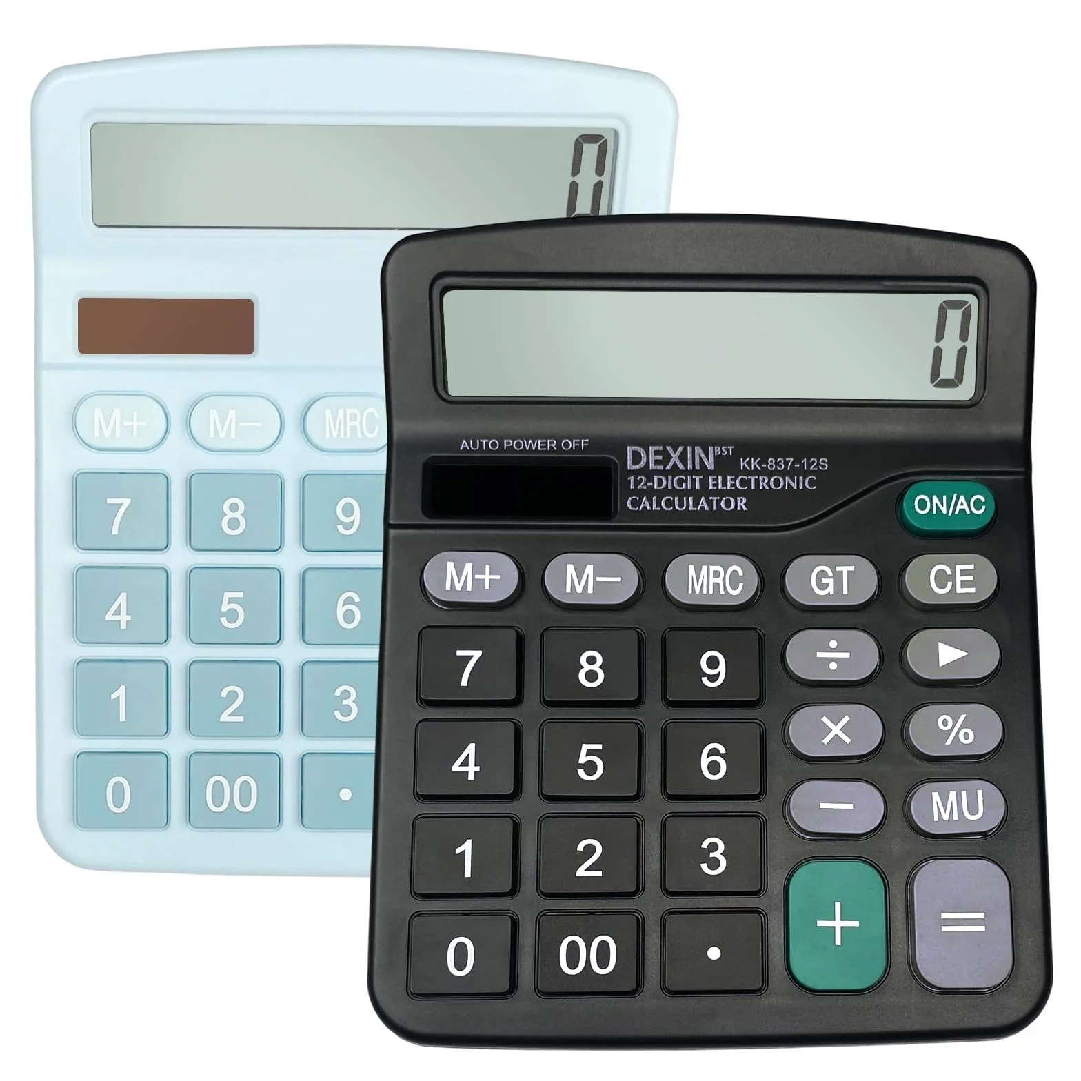 Calculatrice de Bureau 12 Chiffres Écran LCD Solaire et Batterie Grands Boutons Noir Bleu Ciel
