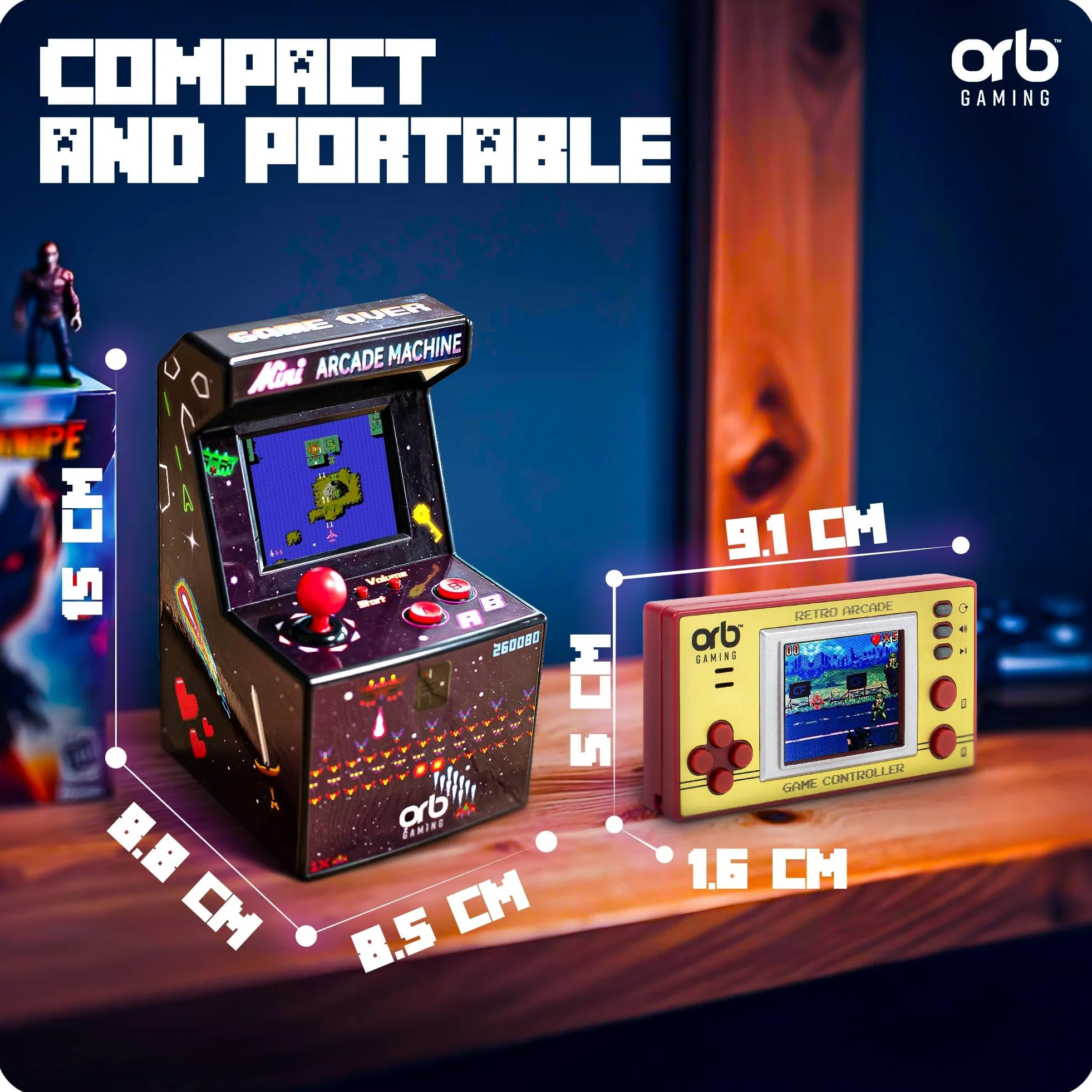 Orb Mini console de jeux portable rétro et ensemble d'arcade – 1 console de jeux intégrée de 150 et 1 x 240 jeux d'arcade intégrés, écran LCD couleur Thumbs Up!