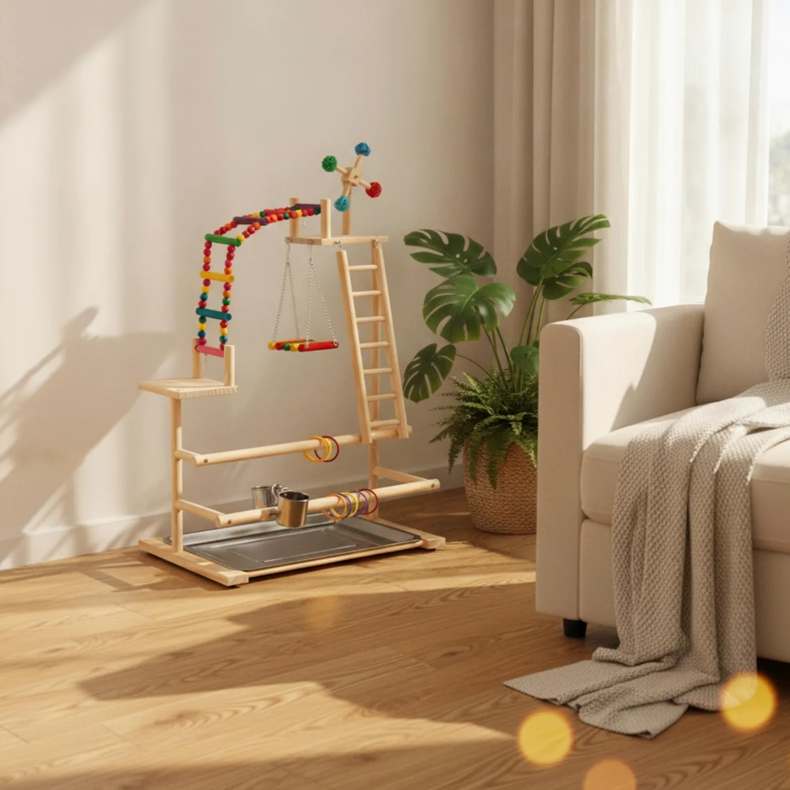 rockible Perchoir sur Pied avec Balançoire Multinivea Aire Je avec Plateau Interactif Support Jeu Mangeoire pour Salon