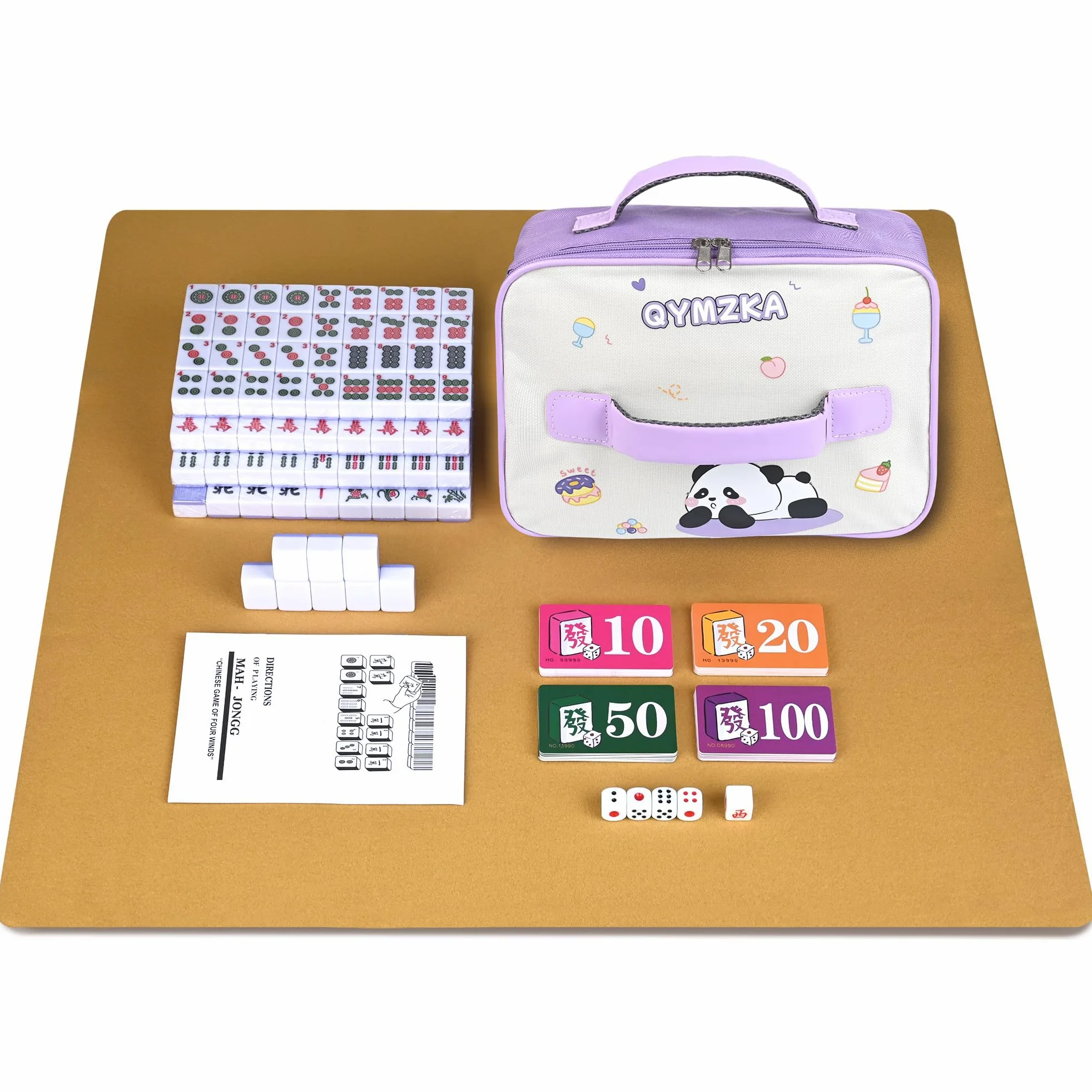 Ensemble de mahjong chinois, 146 carreaux numérotés en mélamine de 3 cm de grande taille (violet), avec sac de transport, manuel en anglais, jeu de mahjongg complet professionnel (Majiang, Mah