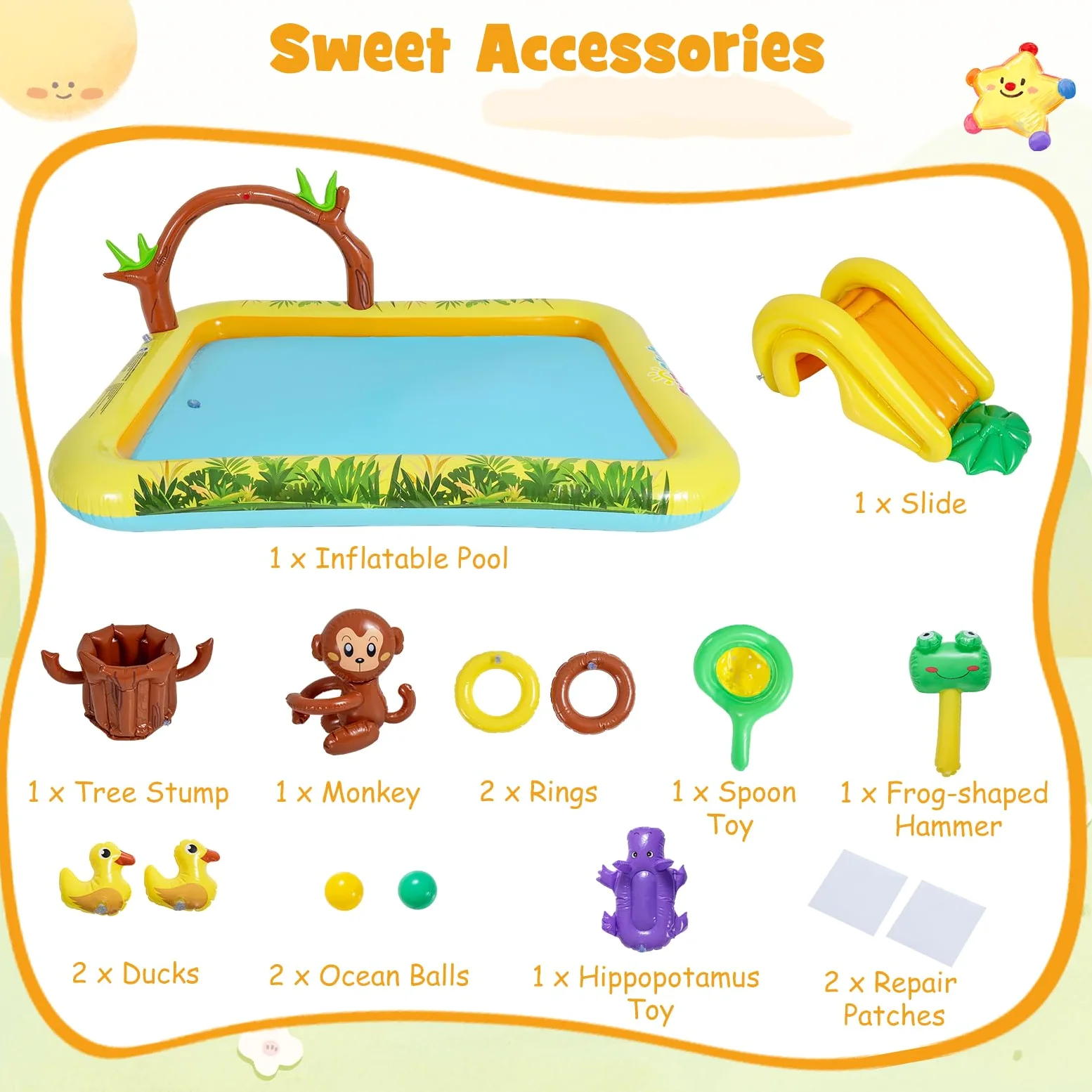 FANTASK Aire de Jeux Gonflable, Centre de Jeu Aquatique Jungle Adventure avec Toboggan, pataugeoire, Singe, arroseur et souche d'arbre, Piscine pour Enfants avec Accessoires, Parc Aquatique pour