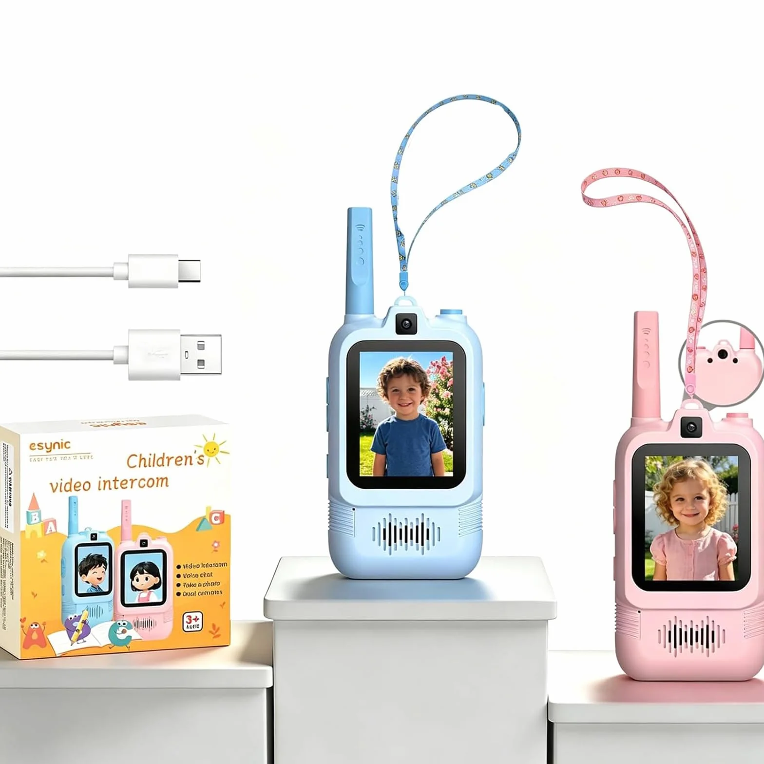 eSynic Talkie Walkie Enfants Double Caméra Appels Vidéo Portée 500m Rechargeable Rose+Bleu