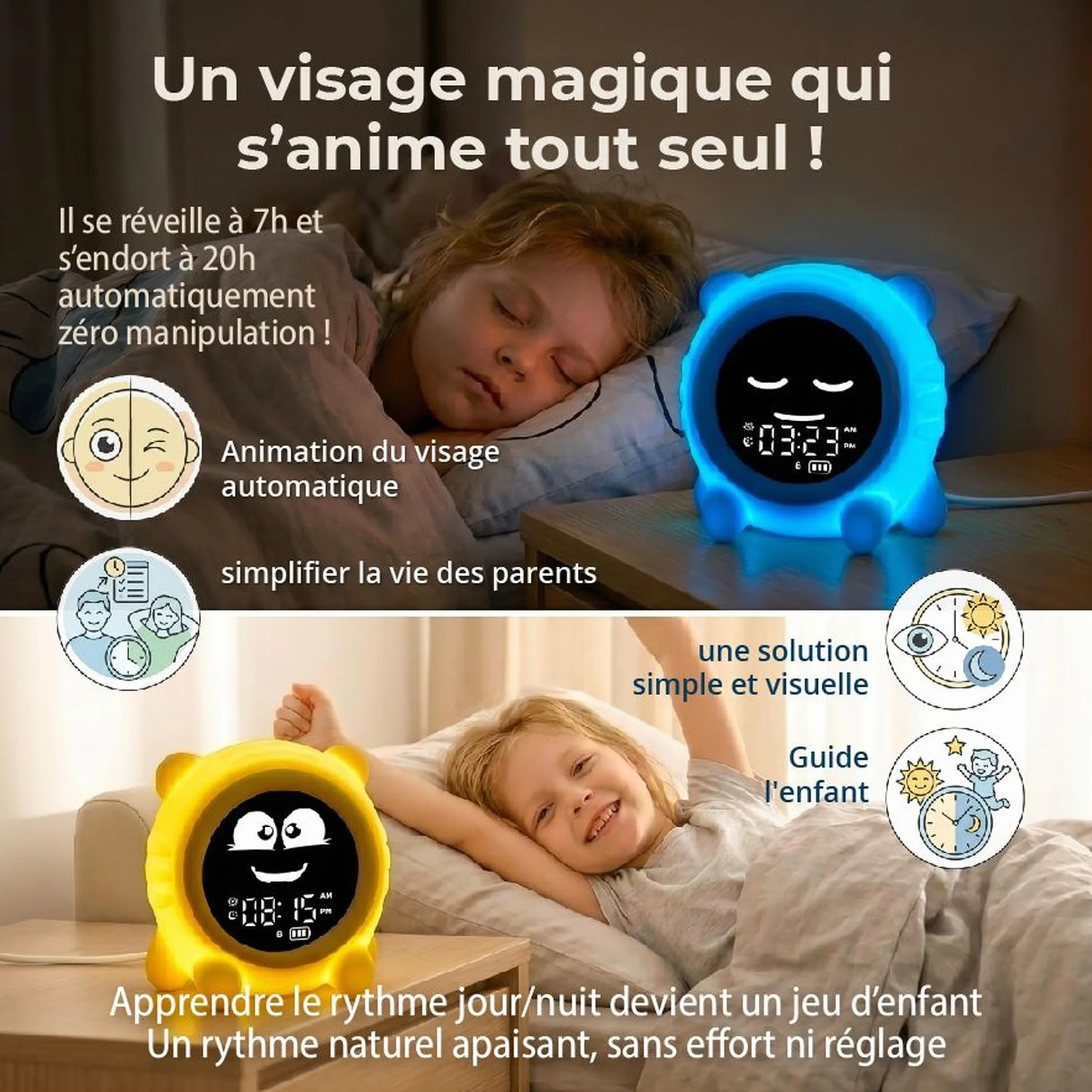 ANTIKOLOR Reveil Enfant éducatif Jour Nuit - Horloge Apprentissage Fille et Garcon - veilleuse bébé - dés 3 Ans