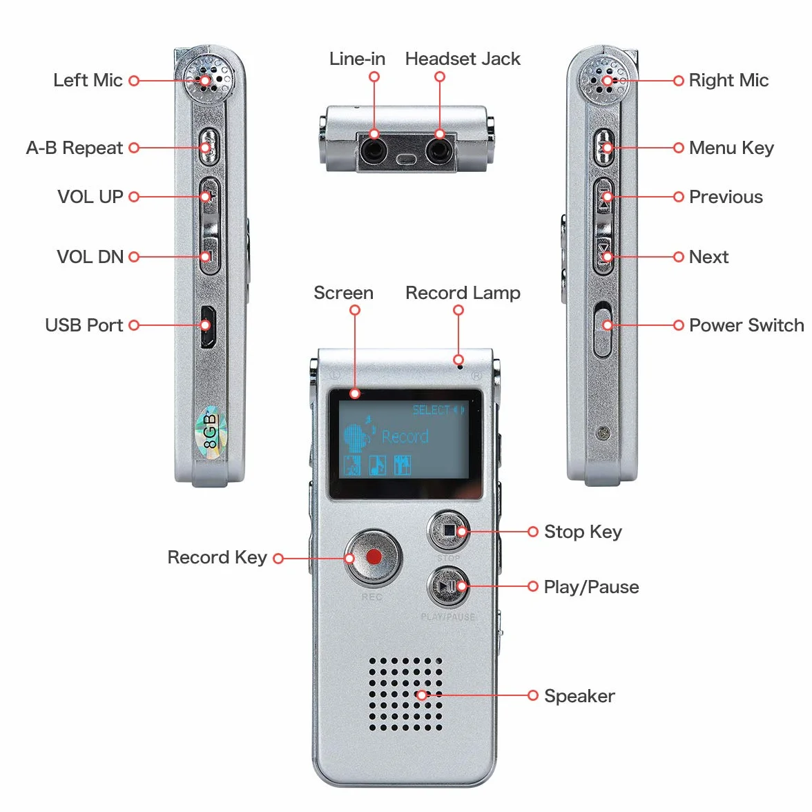 Dictaphone Enregistreur Numérique Portable 8GB Enregistreur Audio Lecteur MP3 LCD Argent