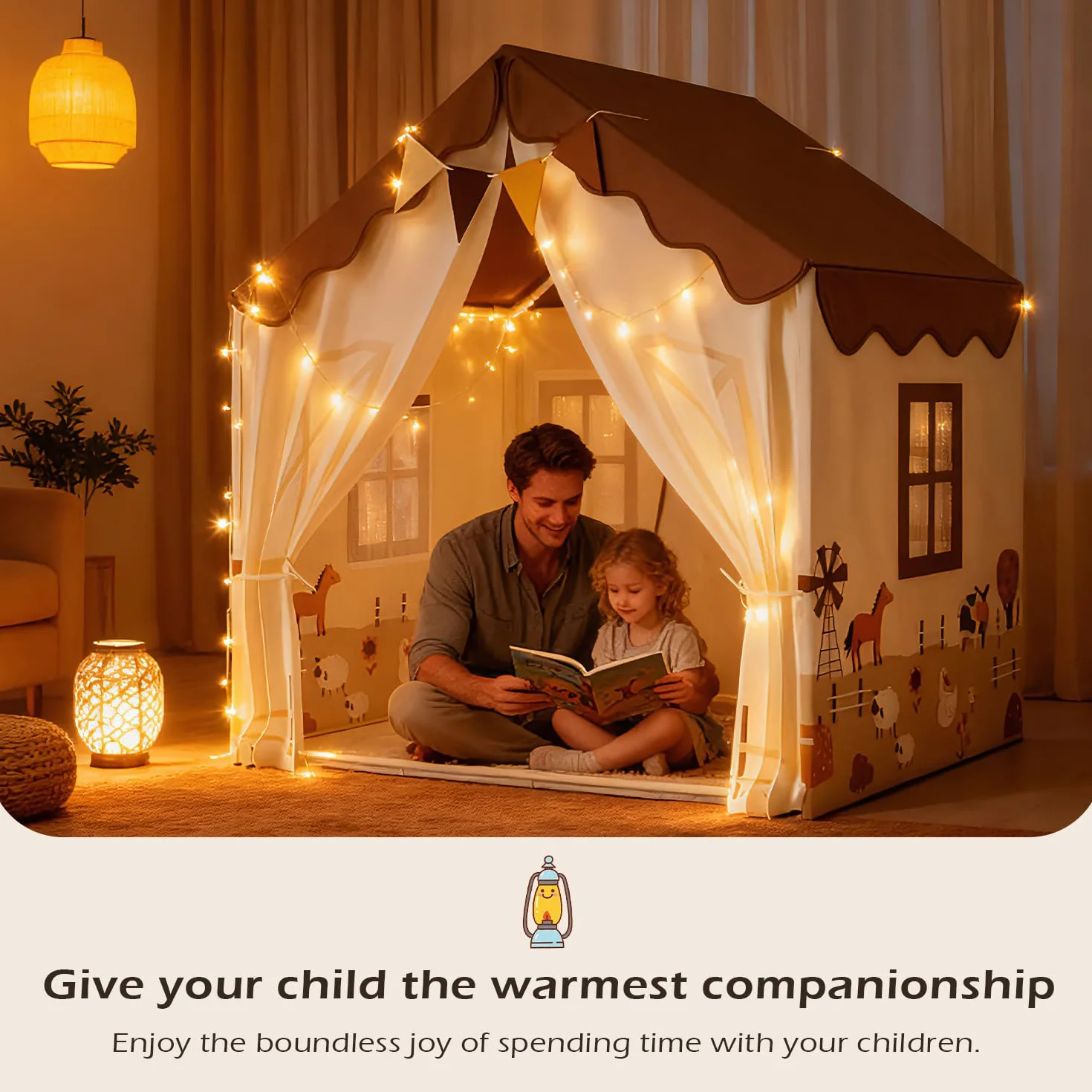 EagleStone Tente de Jeu pour Enfants avec Guirlandes et Tapis Moelleux, Intérieur, Cabane Lit-Tente, Coin Douillet, Beige