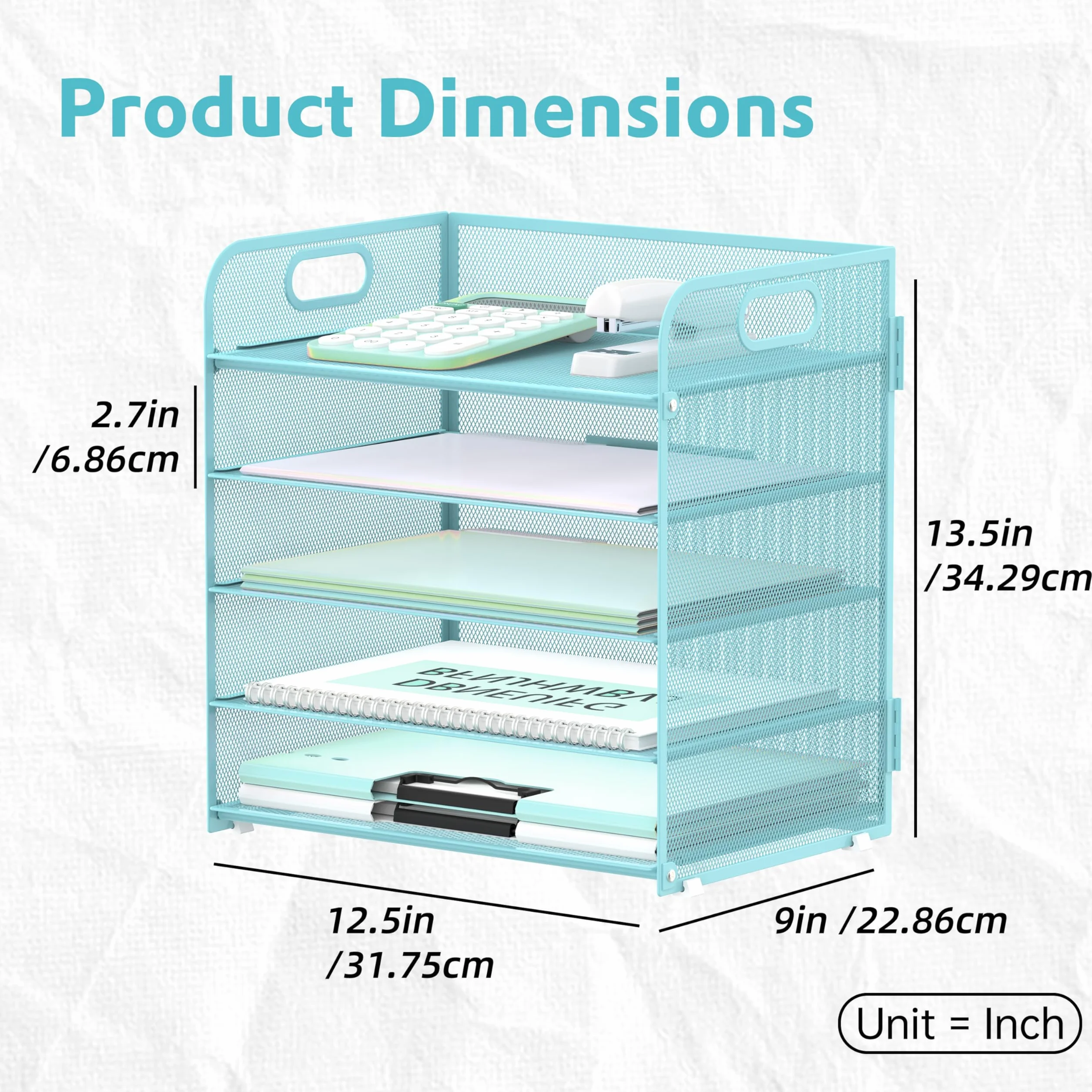 Lot de 5 plateaux de rangement en papier avec poignée en maille bleu clair pour bureau