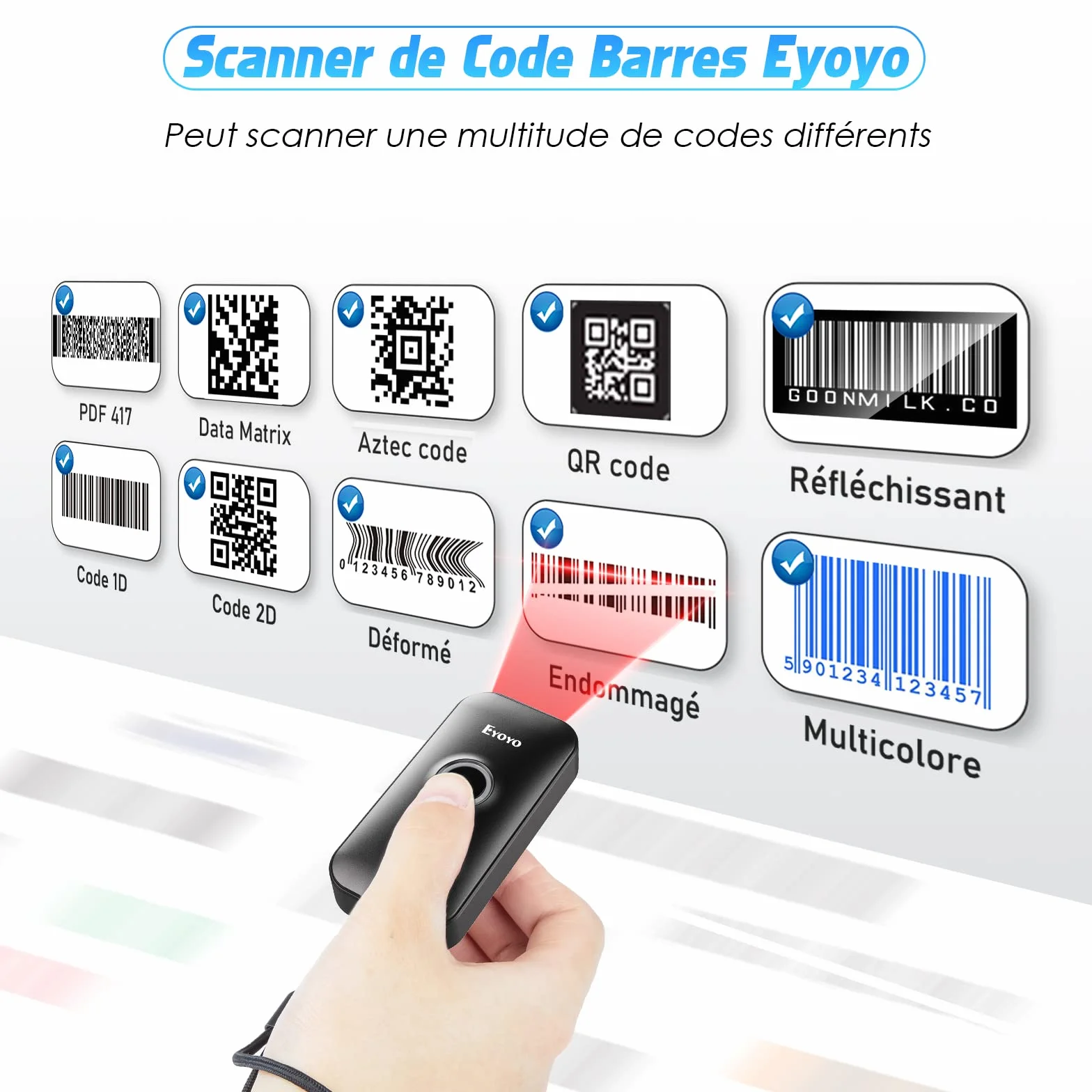 Eyoyo 2D Bluetooth Barcode Scanner, Douchette Lecteur Code Barre sans Fil 1D QR pour iPhone iPad iOS Android PC