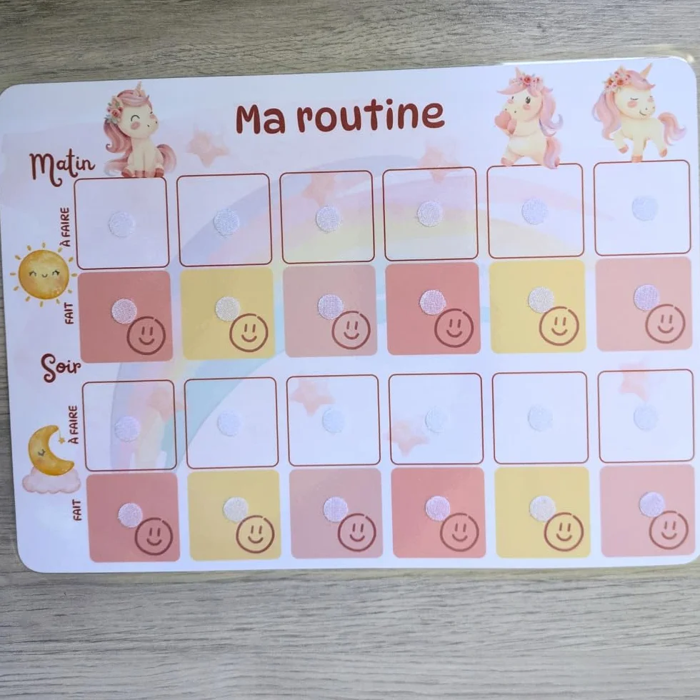 Licorne Tableau routine enfant Planning matin soir Calendrier tâches rituels 30 étiquettes