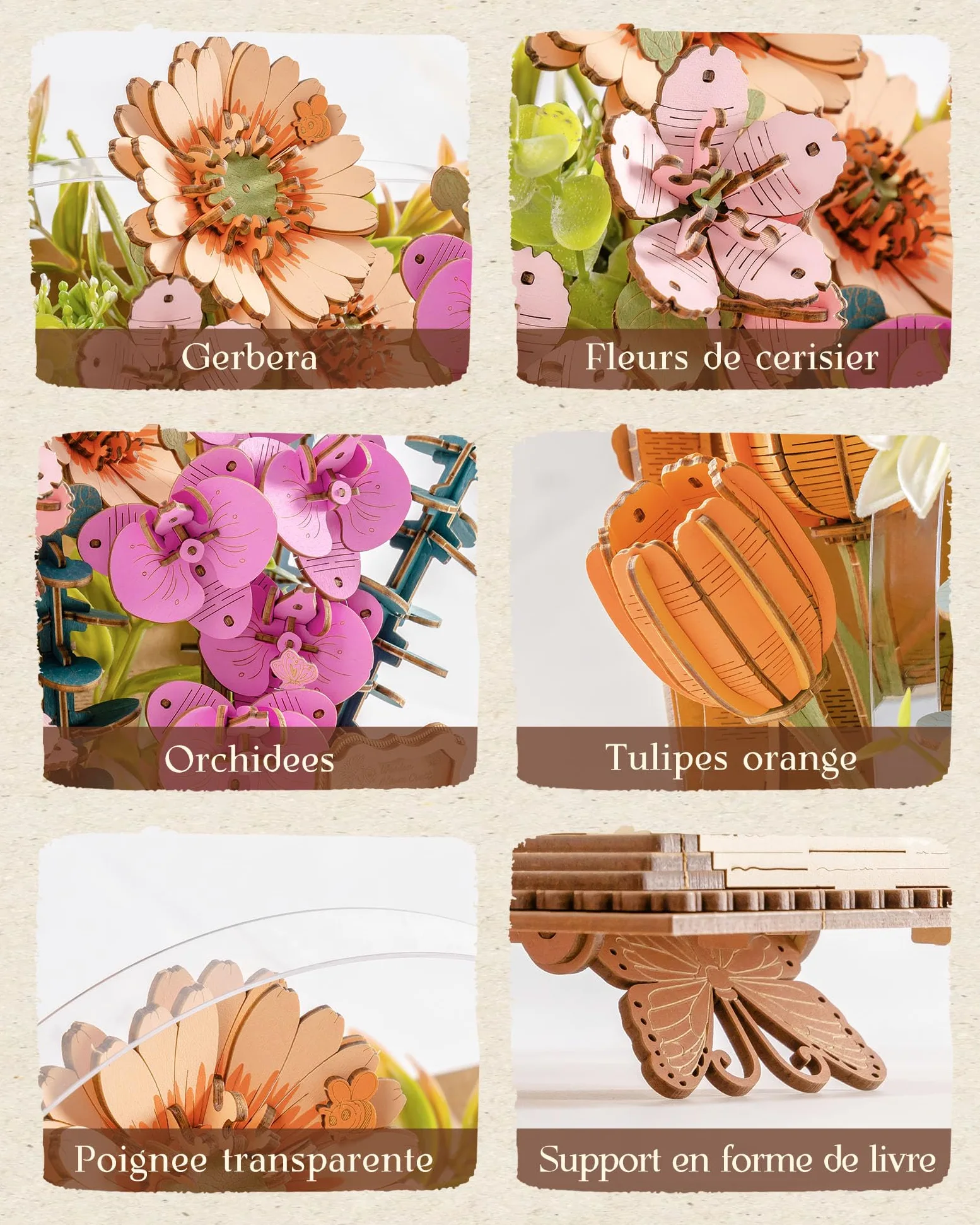 ROWOOD Puzzle de fleurs en bois 3D, livre de floraison en bois, kit de modèle de bouquet à faire soi-même, kits d'artisanat créatifs pour adultes, puzzle de fleurs décoratif, cadeaux d'artisanat pour