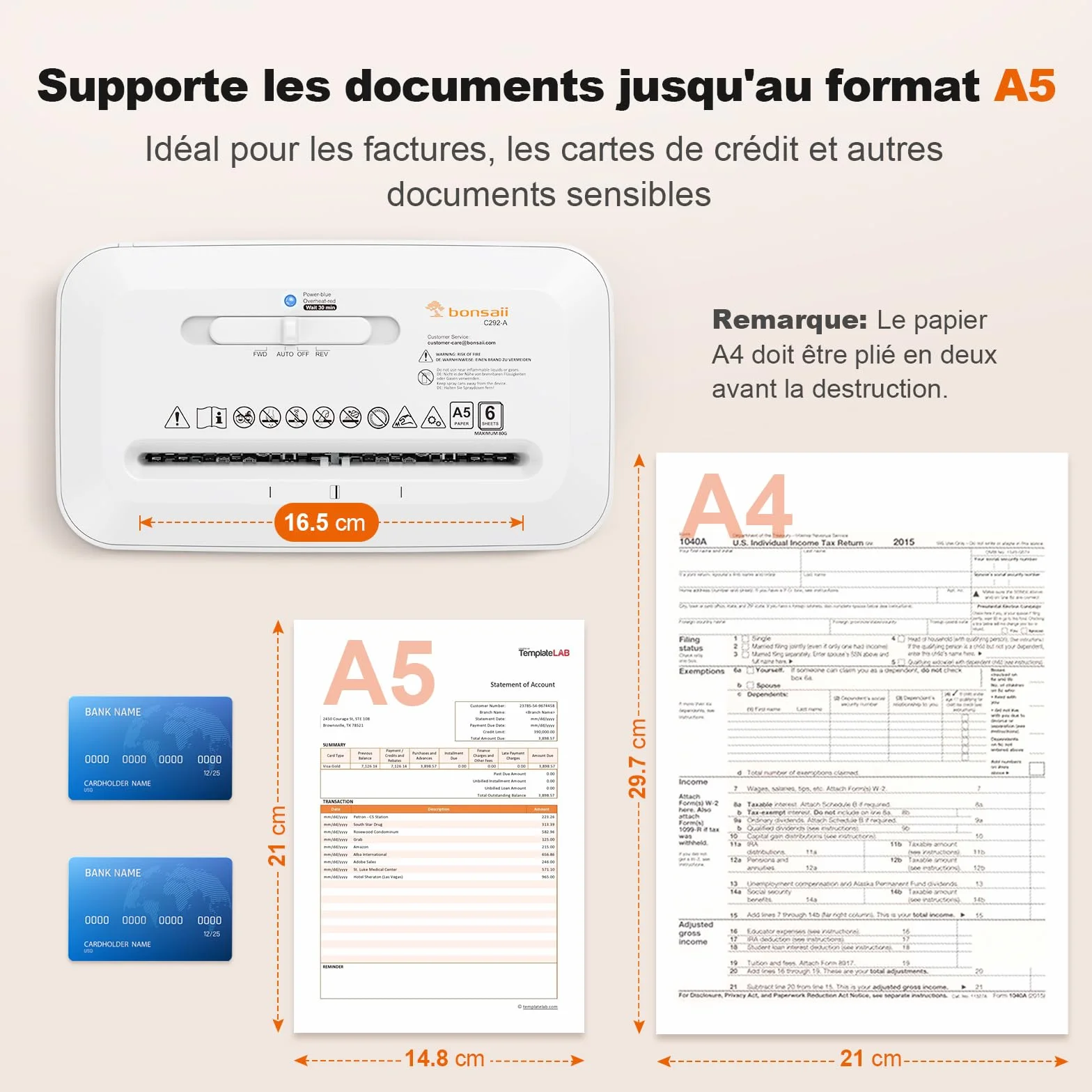 Bonsaii Destructeur de Documents Coupe Croisée 6 Feuilles A5 Haute Sécurité P-4 Bac 6L C292-A