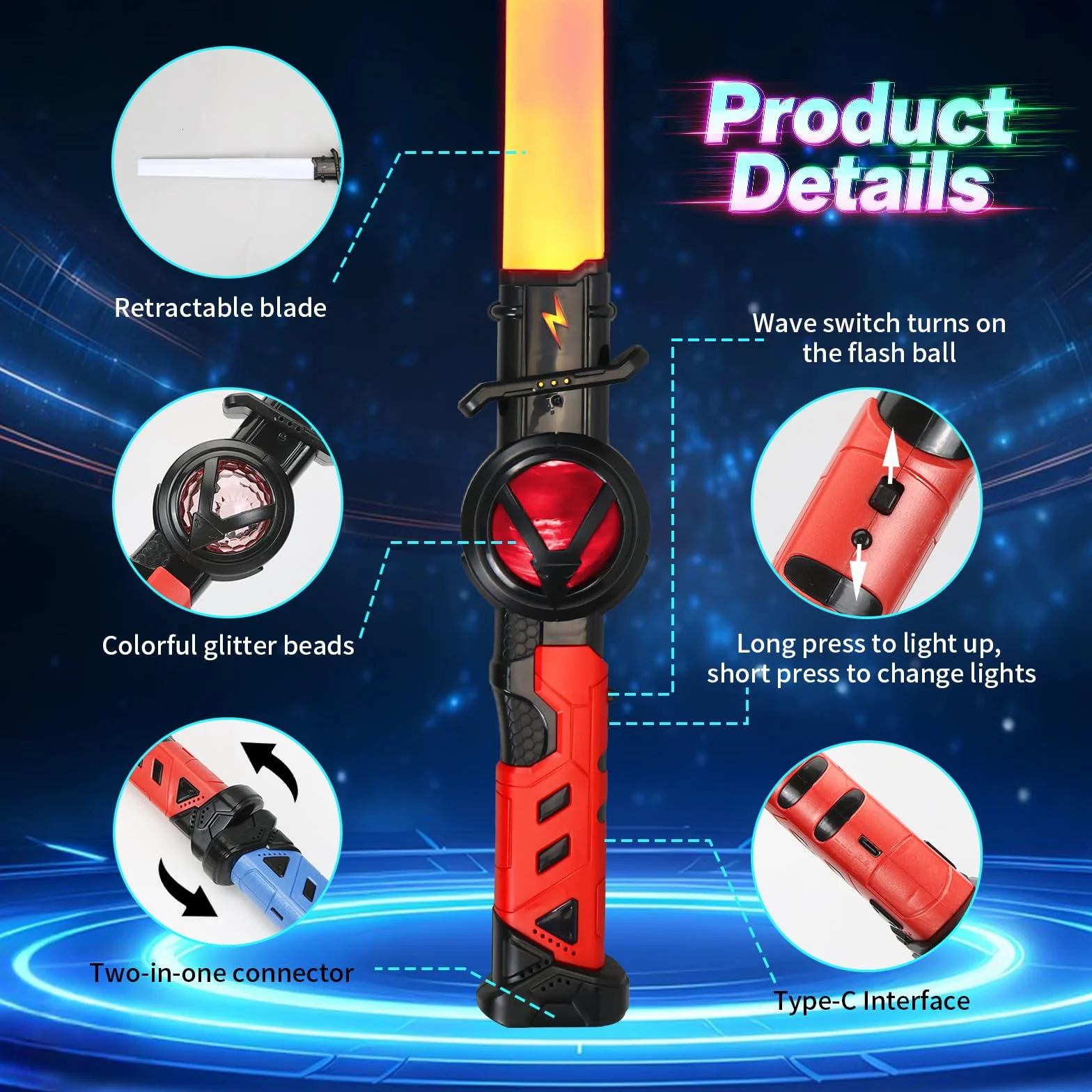 Sabre Laser Enfants 2 Pièces Télescopique LED Rechargeable Bleu Rouge 15 Couleurs Halloween Noël Cosplay