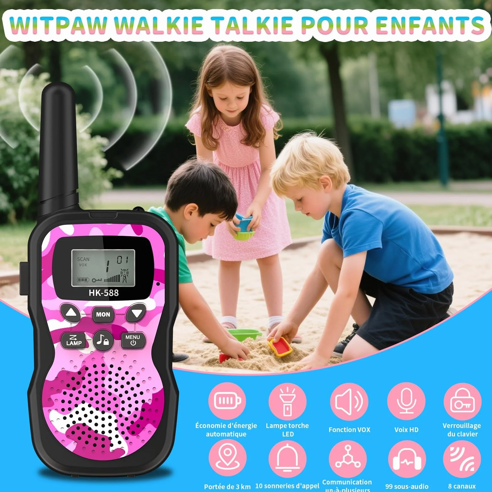 Walkie-Talkies pour Enfants Rechargeables 8 Canaux Autonomie 48h Torche Portée 3KM Camping Jeux