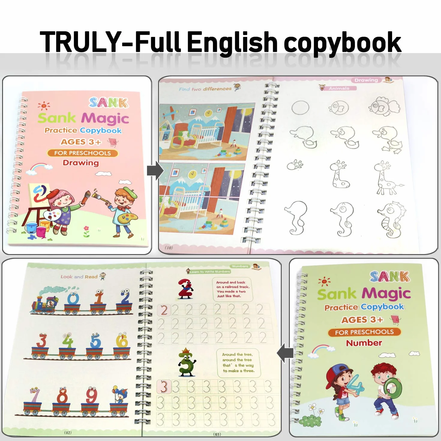 Cahier de calligraphie réutilisable 4 pièces pour enfants, pratique d'écriture magique