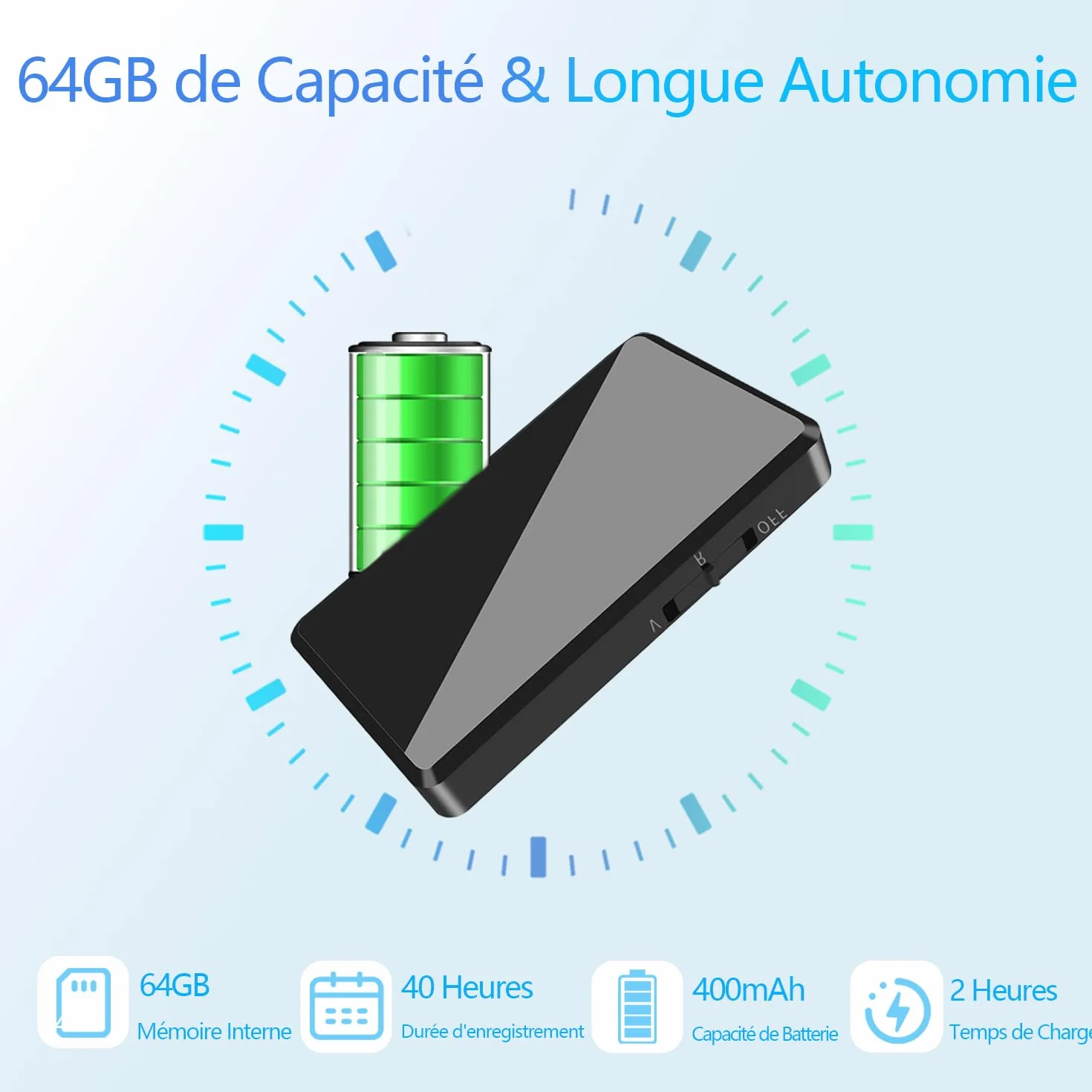 Mini Enregistreur Vocal 64 Go Dictaphone avec Activation Vocale, Écouteurs, Rechargeable USB