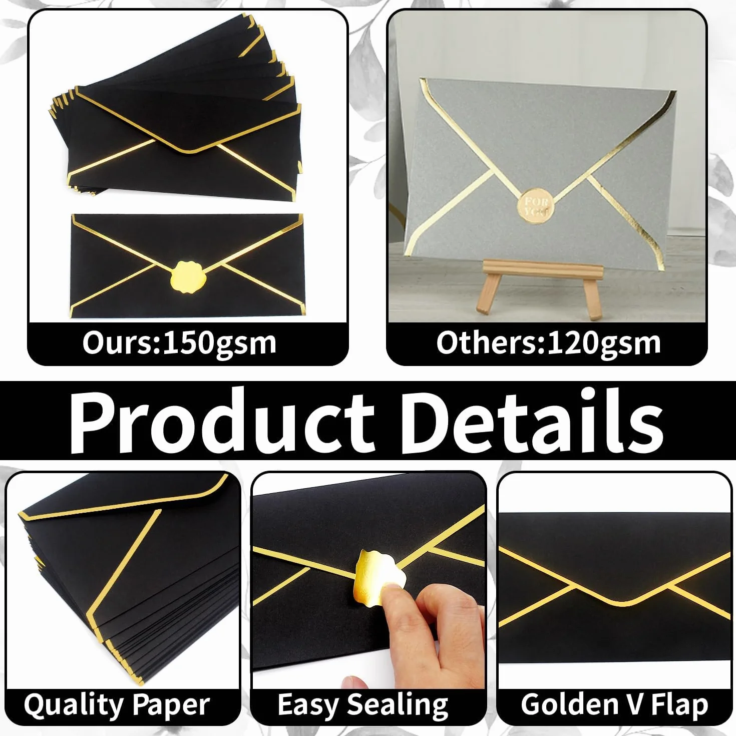 Enveloppes professionnelles noires bordure dorée 150 g/m² 24x10 cm autocollants dorés