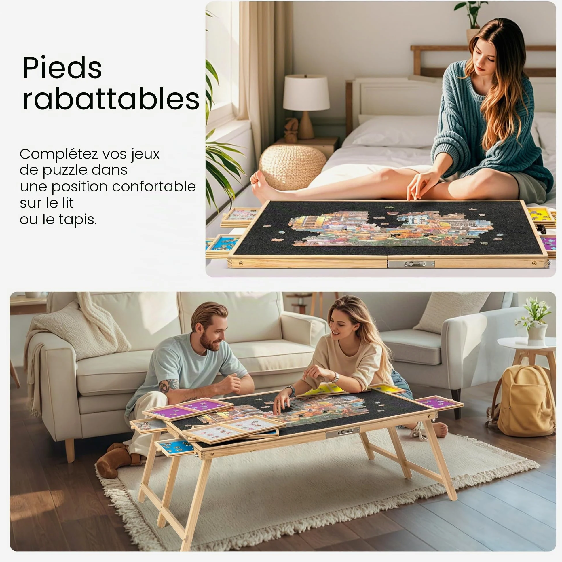 Tektalk Planche à Puzzle Pliable de 2 000 pièces avec Couvercle, Table de Puzzle en Bois avec 8 tiroirs, chevalet de Puzzle Portable avec Pieds pliants, Tables de Puzzle Portables pour Adultes et