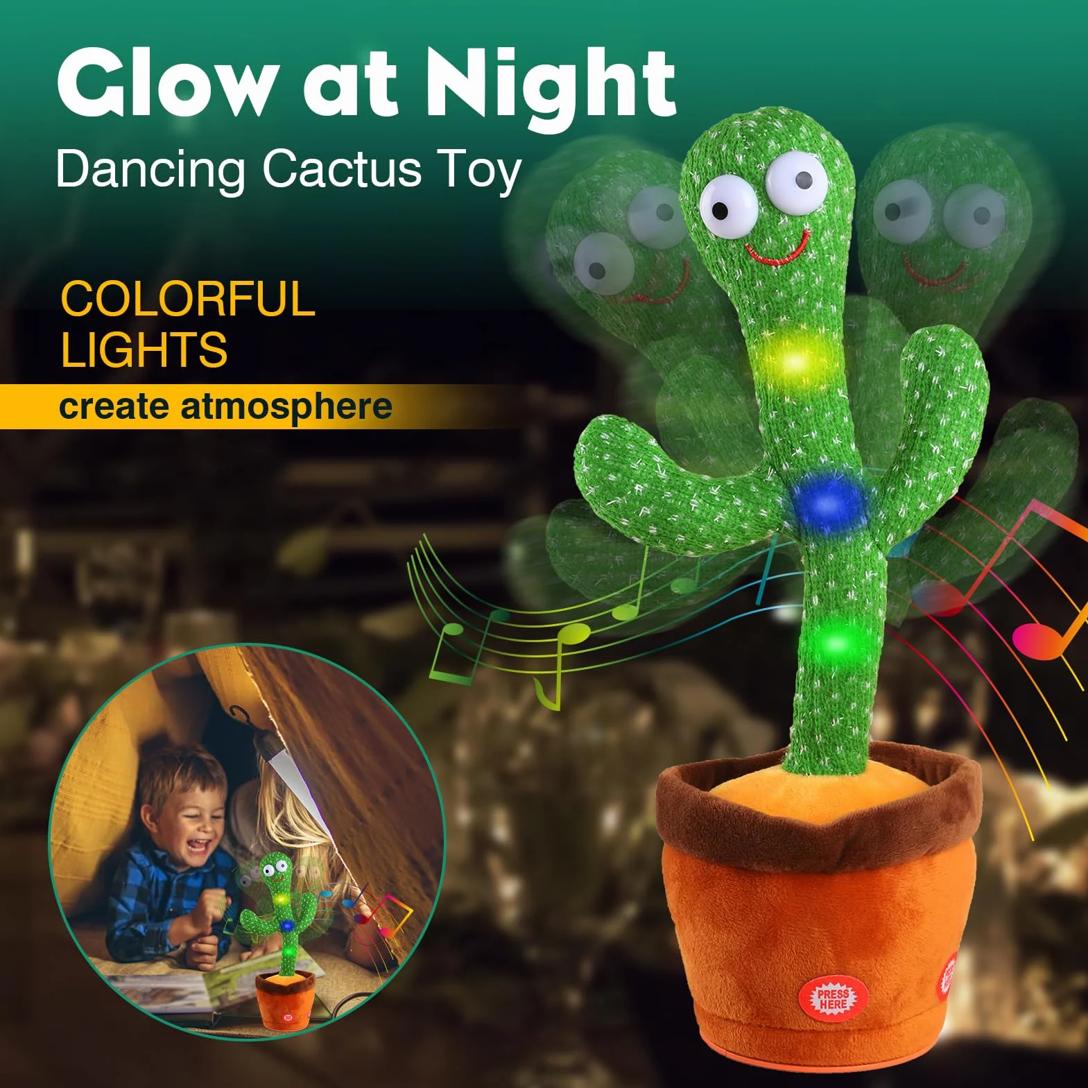 Cactus Dansant Parlant Chante Répète Jouet Bébé Peluche Interactive avec 120 Chansons pour 6 Mois+ Enfants