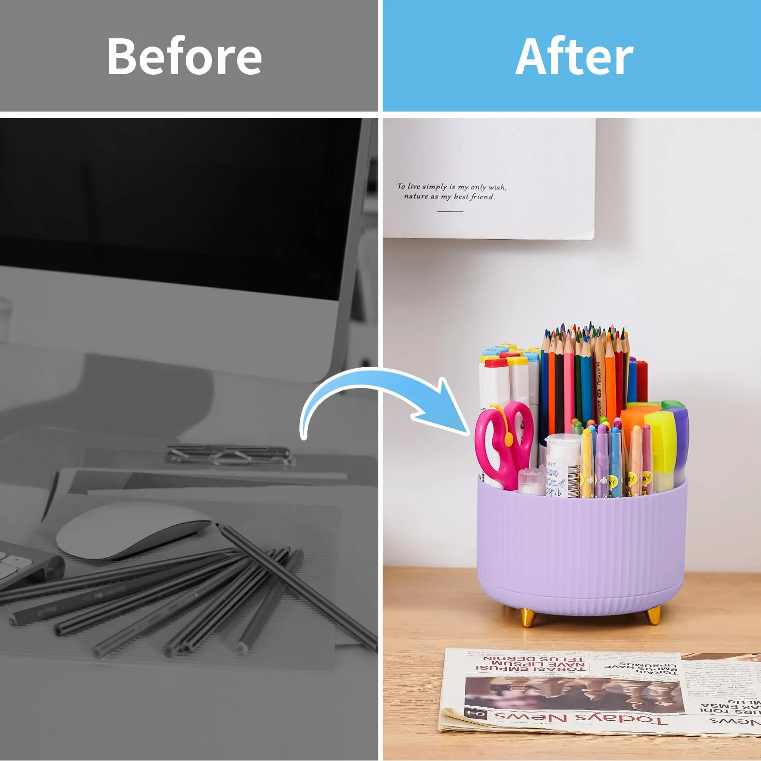 Marbrasse Organisateur de Bureau Rotatif 360 Degrés 5 Compartiments Porte-Crayons Rangement Violet