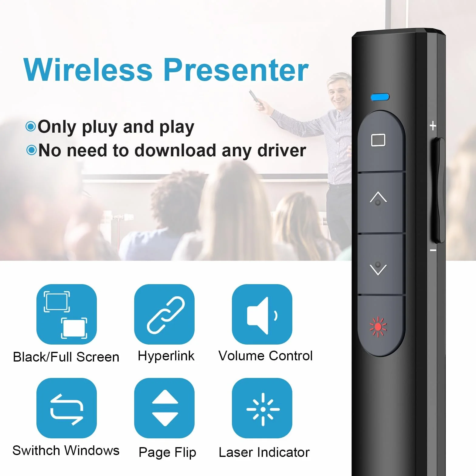 elzle Télécommande de présentation sans Fil 2,4 GHz avec récepteur USB, hyperlien & contrôle du Volume pour Mac, PC