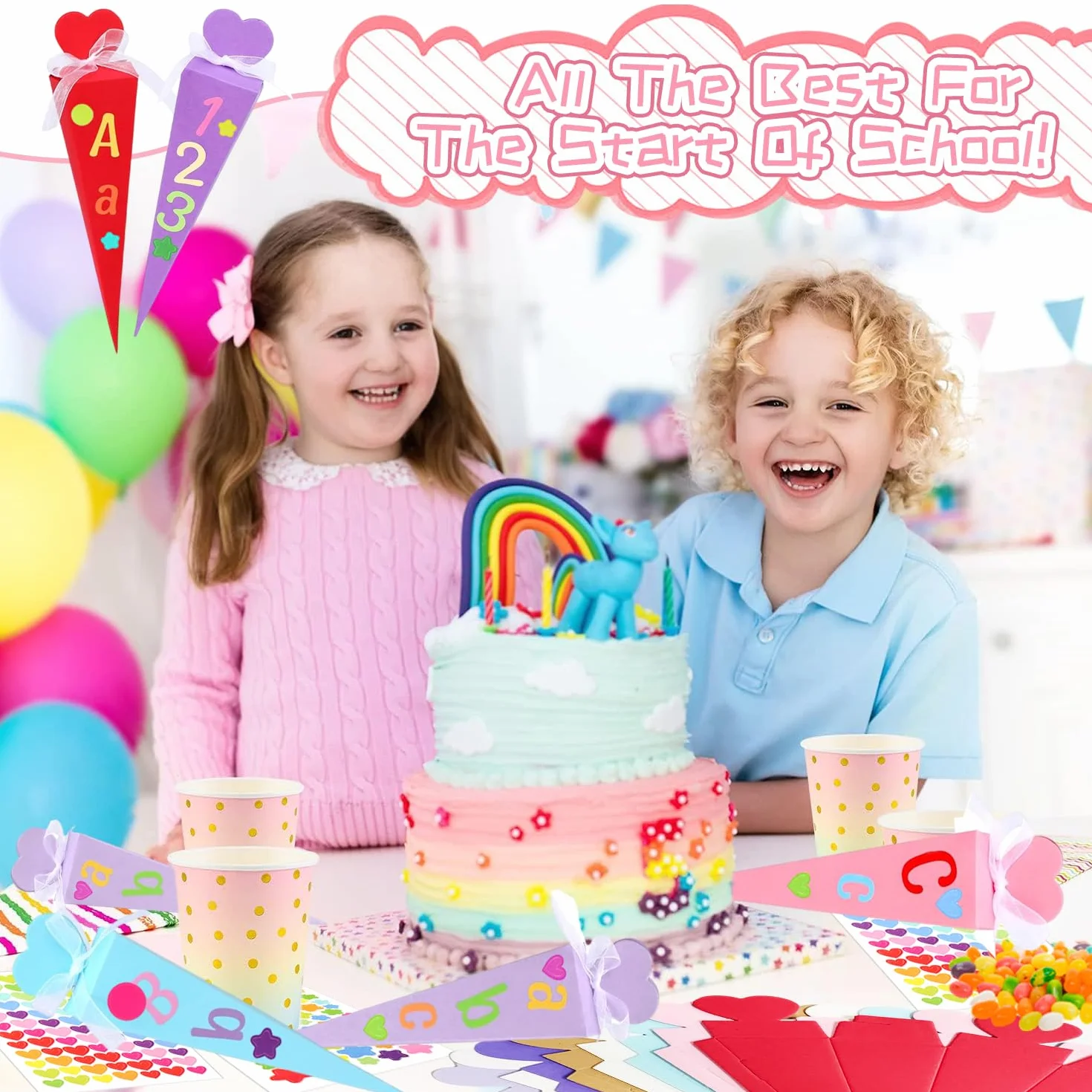 Schultüte Gefüllt 32 Pièces Mädchen Cornet Surprise DIY Sac à Sucre Pliable Premier Jour d'École